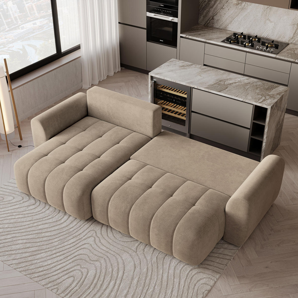 ECKSOFA MODARO CL Beige Samtstoff mit Schlaffunktion - Beige, Holzwerkstoff/Textil (285/148cm) - MASSENO