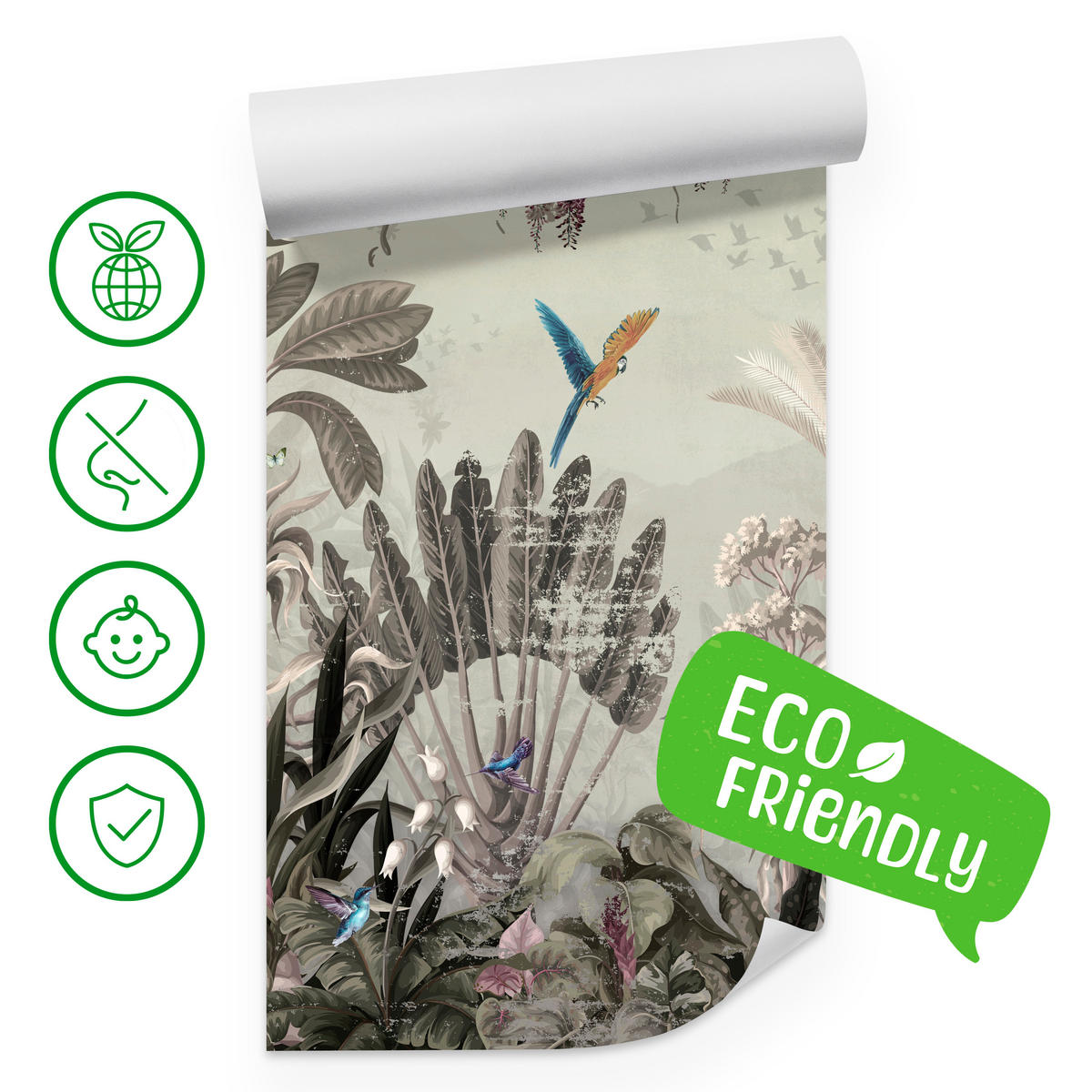 FOTOTAPETE für Wohnzimmer Vintage Tropenwald Palmen Papageien 300x210 - Beige/Grün, Papier (300/210cm) - Muralo