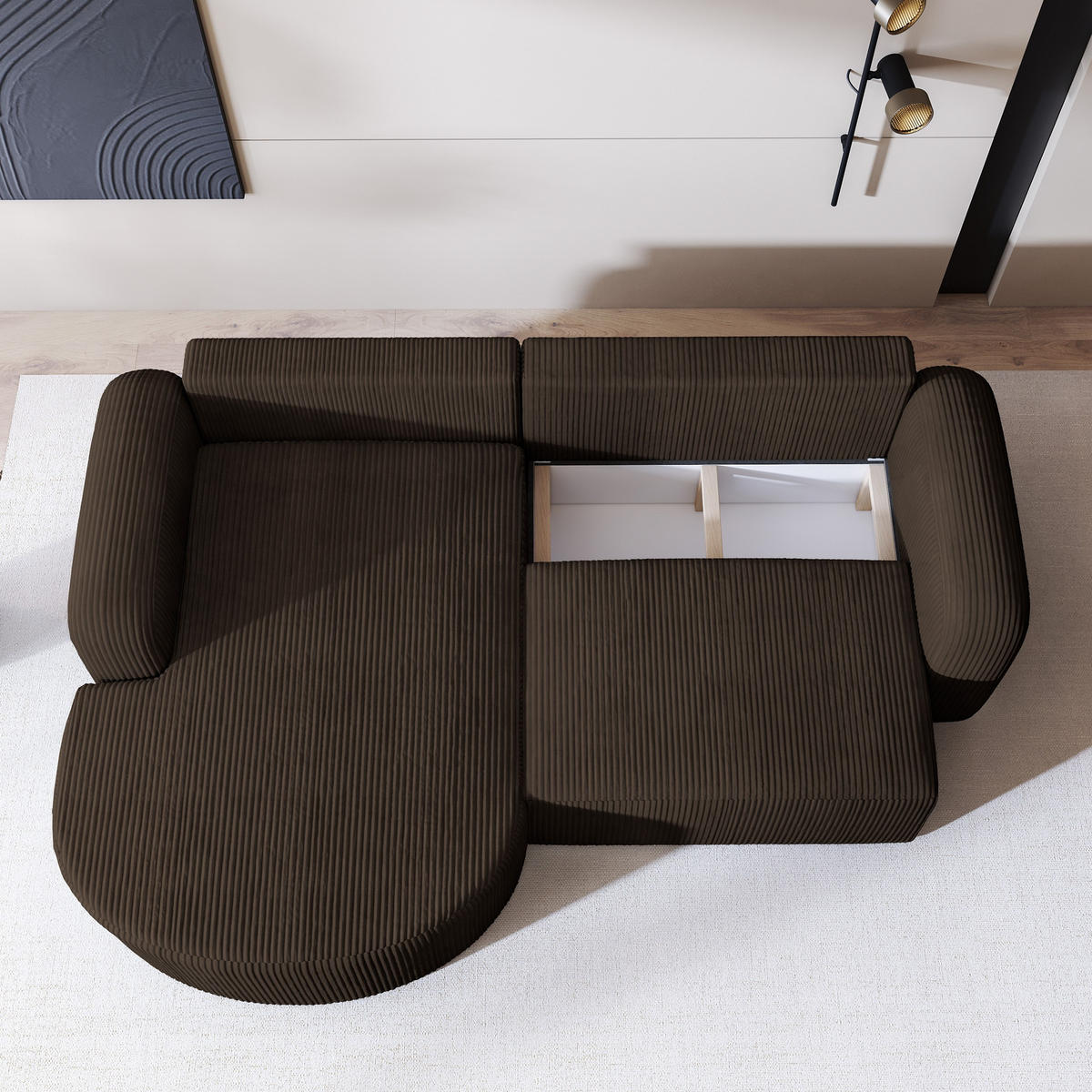 ECKSOFA AMILIA P L-S Braun Kordstoff mit Schlaffunktion - Braun, Holz (263/174cm) - MASSENO