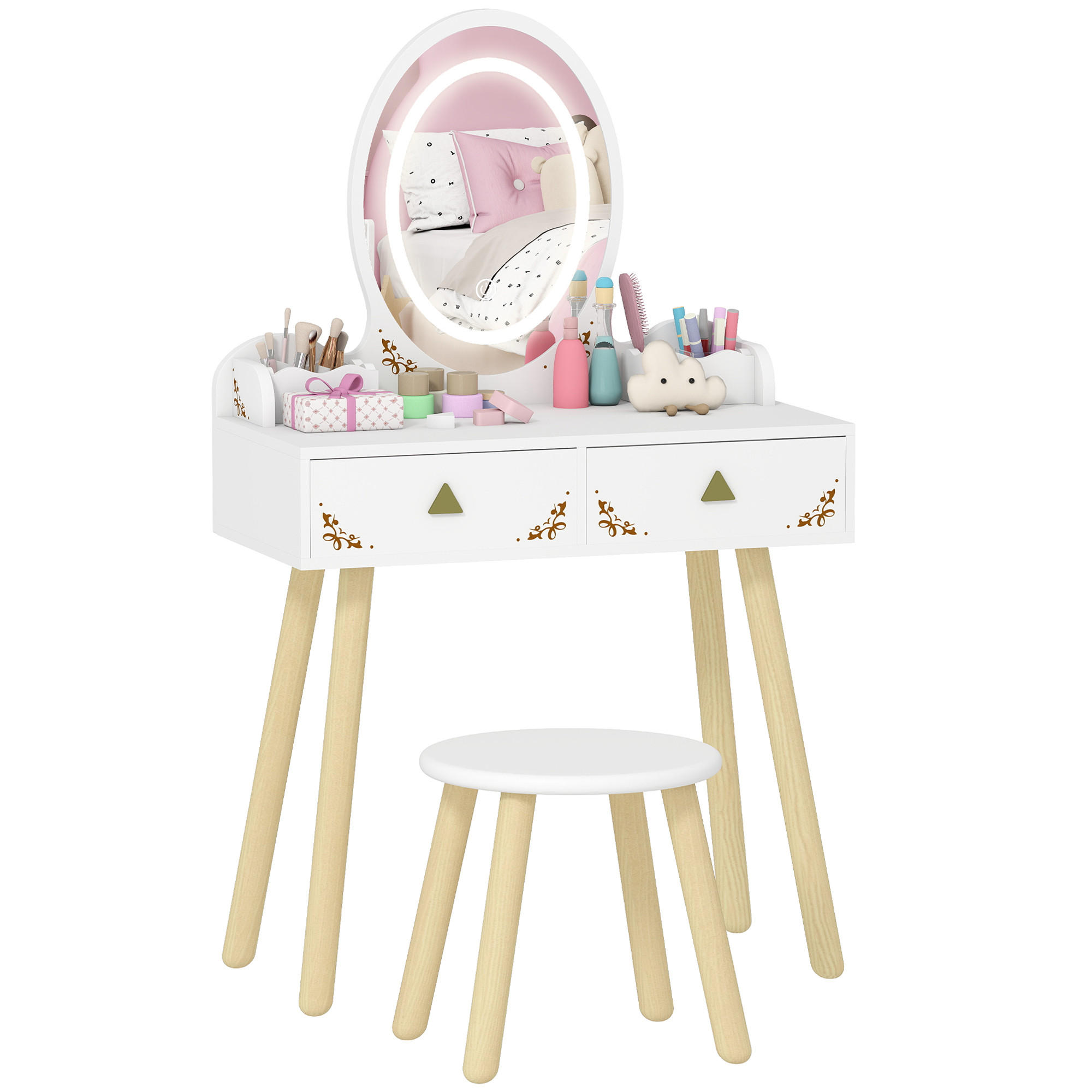 KINDERSCHMINKTISCH Weiß 2-teilig mit LED-Spiegel 60/30/99,3 cm - Weiß, Holz (60/99.3/30cm) - PANGIVO