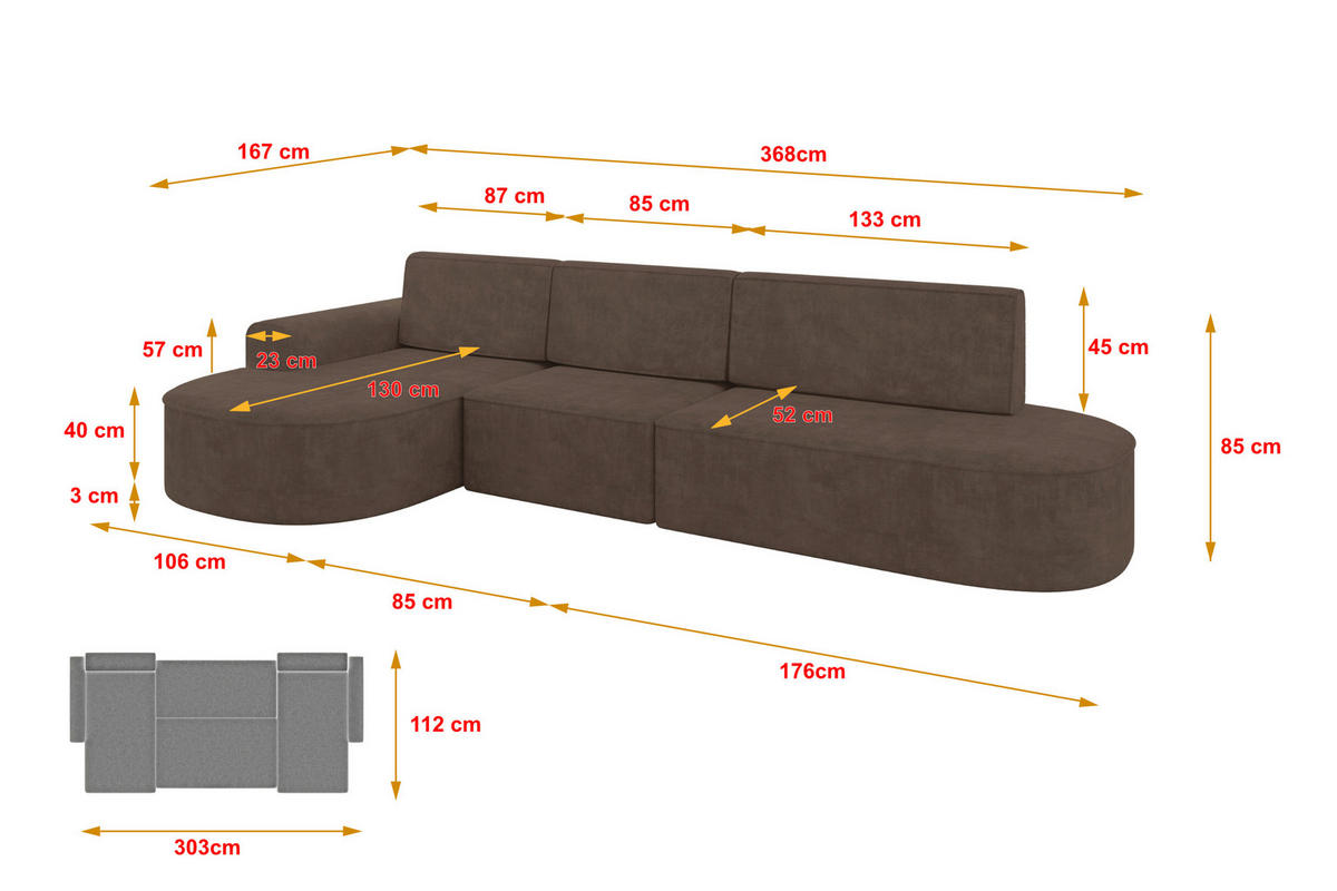 ECKSOFA mit Schlaffunktion Ottomane Links MARI L2-S 368X167X85 Braun Velours - Alteiche/Schwarz, Holzwerkstoff/Kunststoff (368/167cm) - ALTDECOR