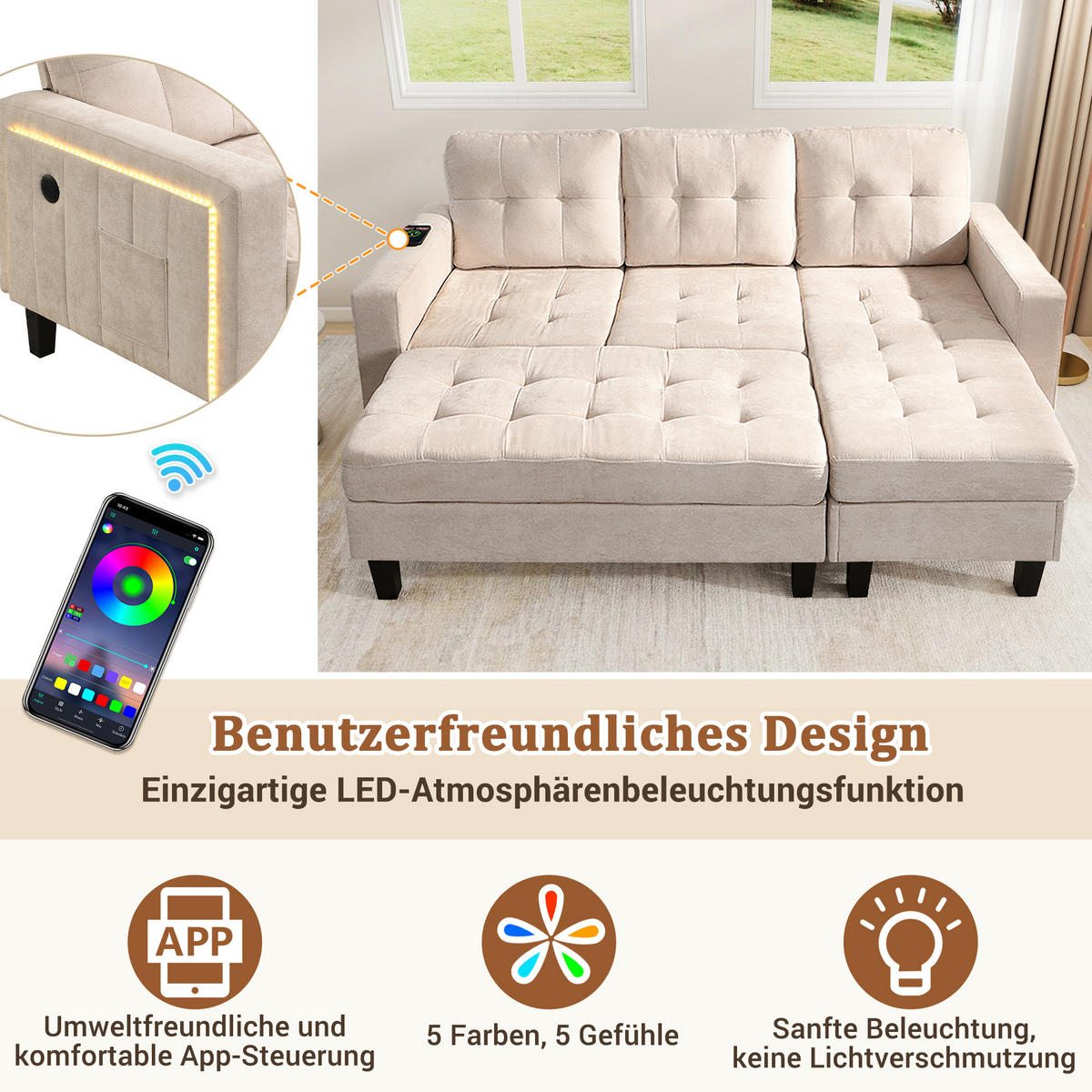 SCHLAFSOFA 185/135/85 cm Beige mit beweglicher Fußbank und LED-Ambiente-Beleuchtung - Beige, Textil (185/85/135cm) - Oxeza