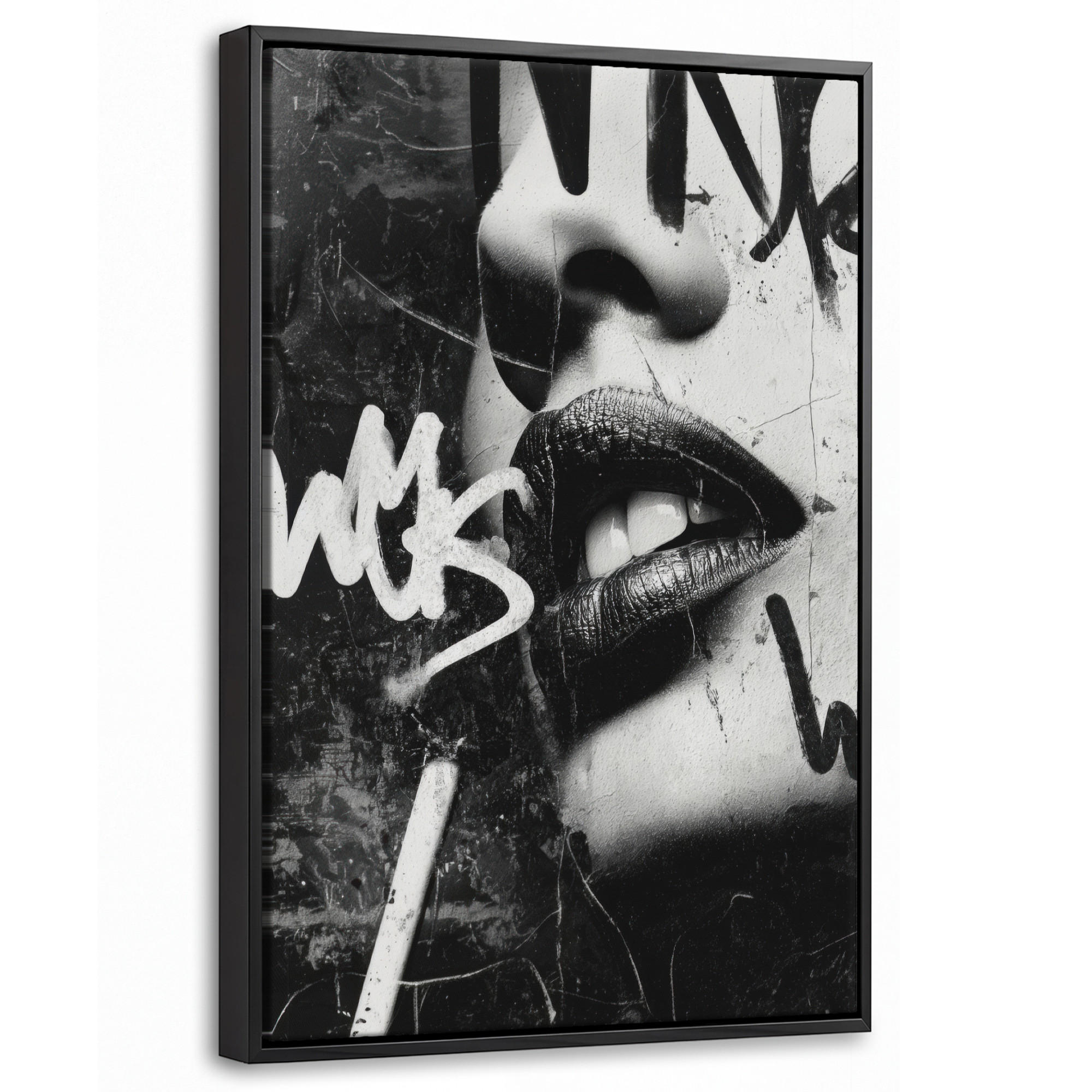 LEINWAND Bilder mit Rahmen - Gesicht - Mund - Graffiti - Schwarz - 40x60 - Schwarz, Textil (40/60cm) - MuchoWow