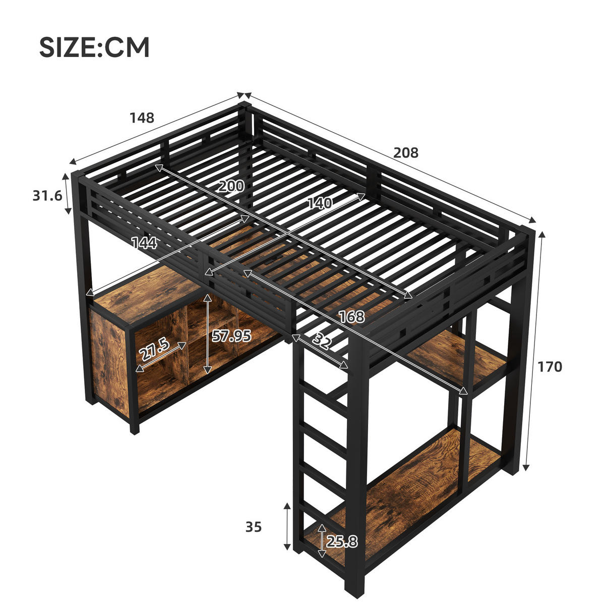 METALL-HOCHBETT 140/200 cm, Schwarz mit Schreibtisch und Stauraum - Schwarz, Metall (140/200cm) - MIVRAY
