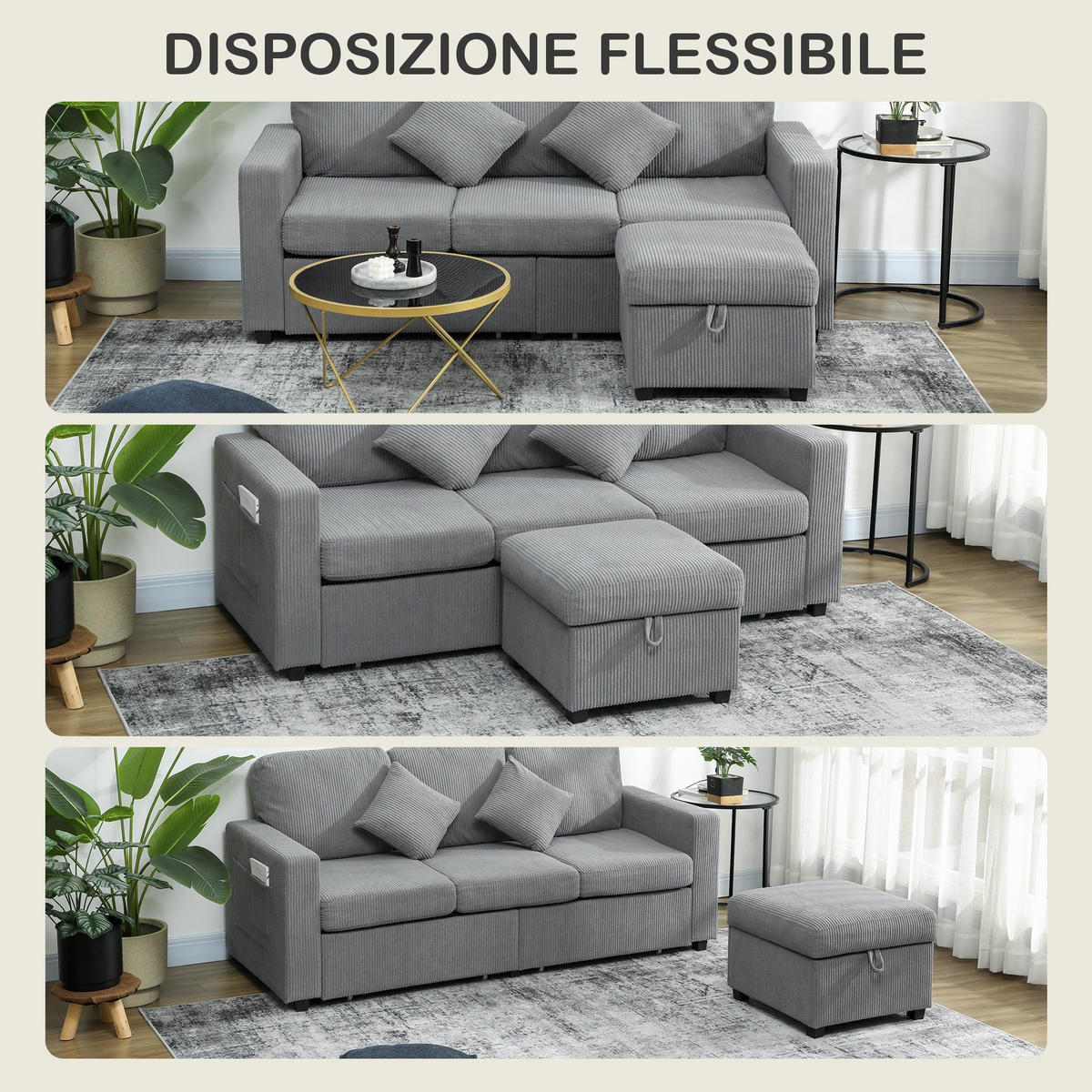 SOFA, 3-Sitzer, modular, Stauraumhocker, Cord, hellgrau, 196x139x85cm - Multicolor, Holzwerkstoff (194/85/139cm) - FORIOUS