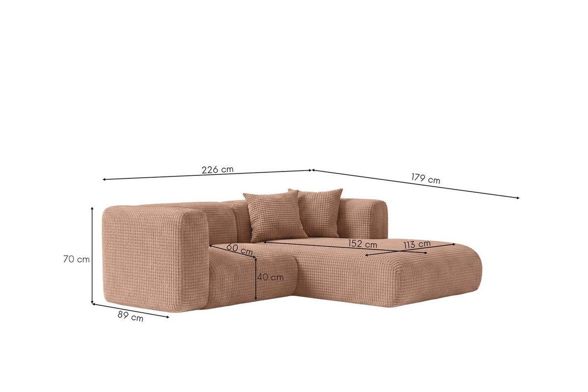 ECKSOFA L-Form mini, Chenille-Stoff Cremona, Hellbraun, Rechts, GRETA - Hellbraun, Holz (226/179cm) - Kaiser Möbel