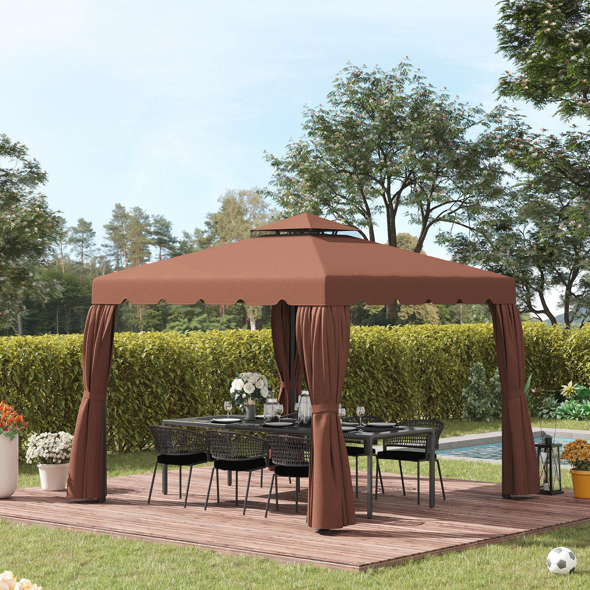ERSATZDACH, 3x3 m für Pavillon, Doppeldach mit 8 Abflusslöchern, kaffeefarben - Multicolor, Kunststoff (300/300cm) - FORIOUS