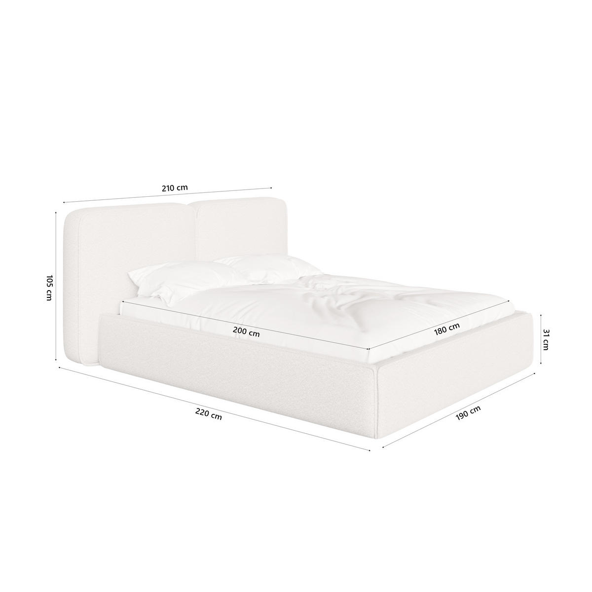 POLSTERBETT Lauga 180x200 cm, Cremeweiß - Creme, Textil (180/200cm) - Fedve