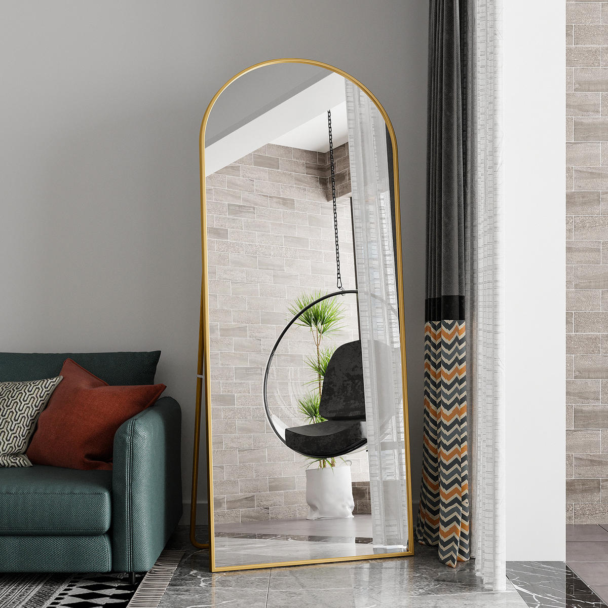 STANDSPIEGEL 1800 x 800 mm, curved full-length mirror, floor-standing, large gold frame, gold - Goldfarben, Glas (80/180/3cm) - WoodenAura