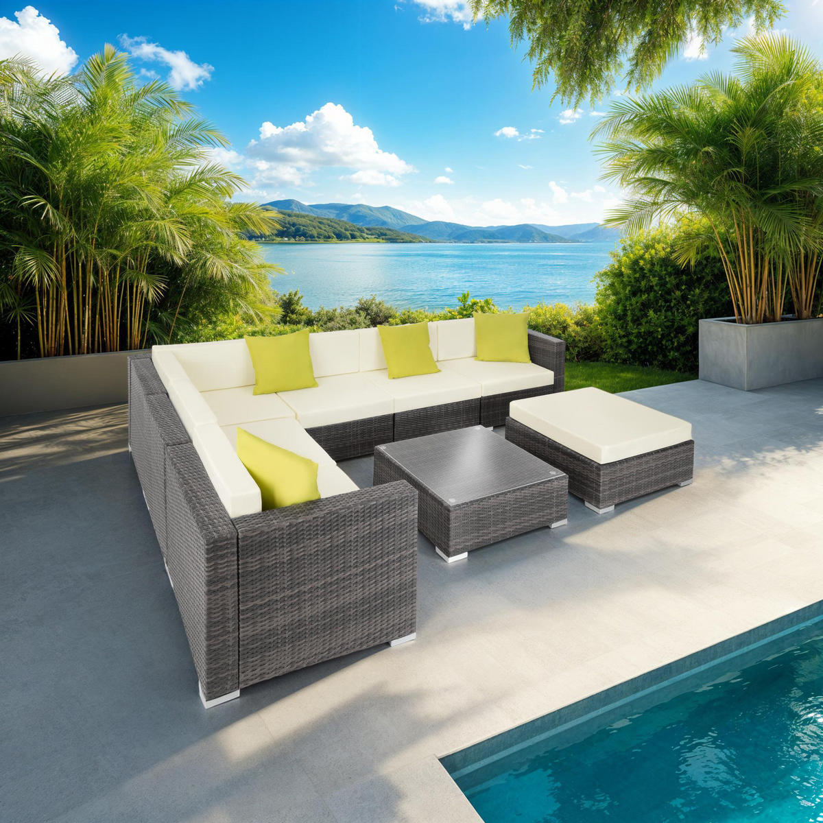RATTANLOUNGE Marbella,mit Sicherheitsglasplatte,grau - Grau, Kunststoff - tectake