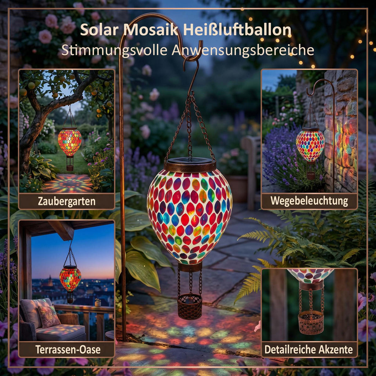 LED-SOLAR Mosaik Hängeleuchte mit Dämmerungssensor Glas Ø14x43cm - Bronzefarben, Glas (14/14/43cm) - Northpoint