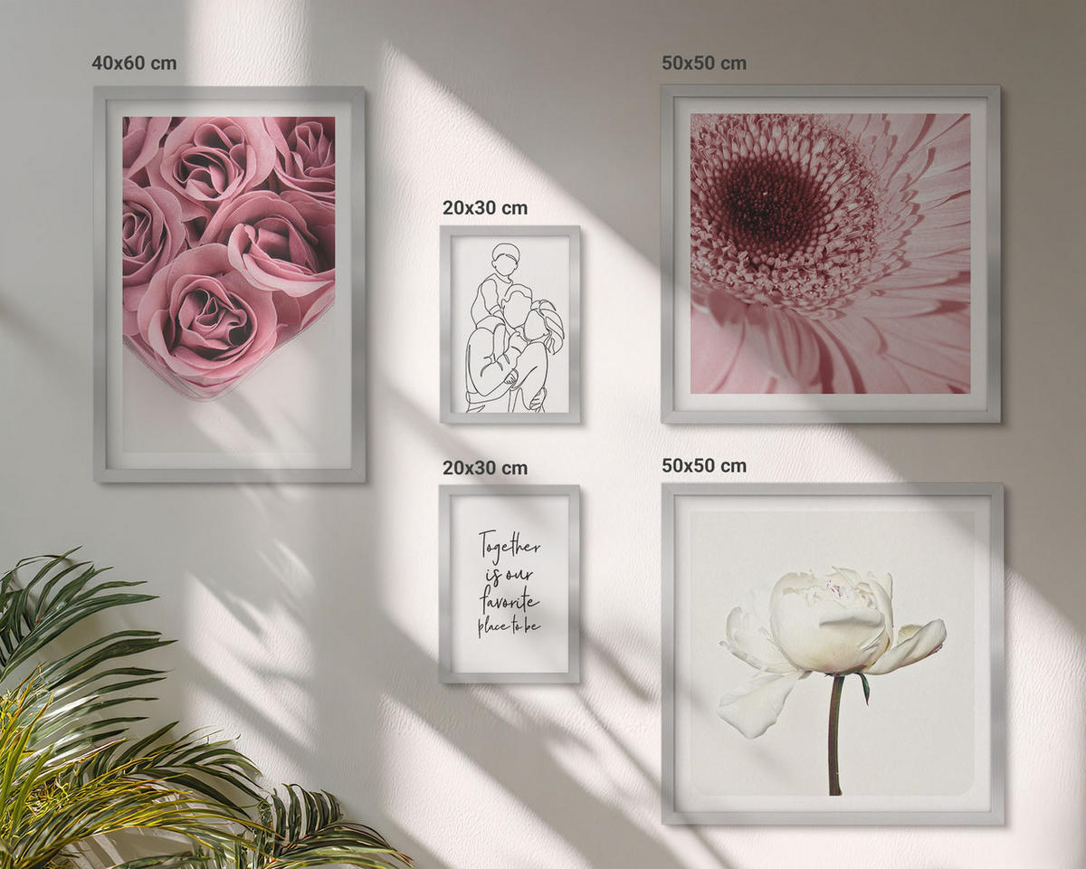 WANDBILDER 5er Set - 50x50 cm & 20x30 cm & 40x60 cm Silberner Rahmen - Rosensträuße als Familienzeichnung - Silberfarben, Kunststoff (40/60cm) - ArtPrintCave