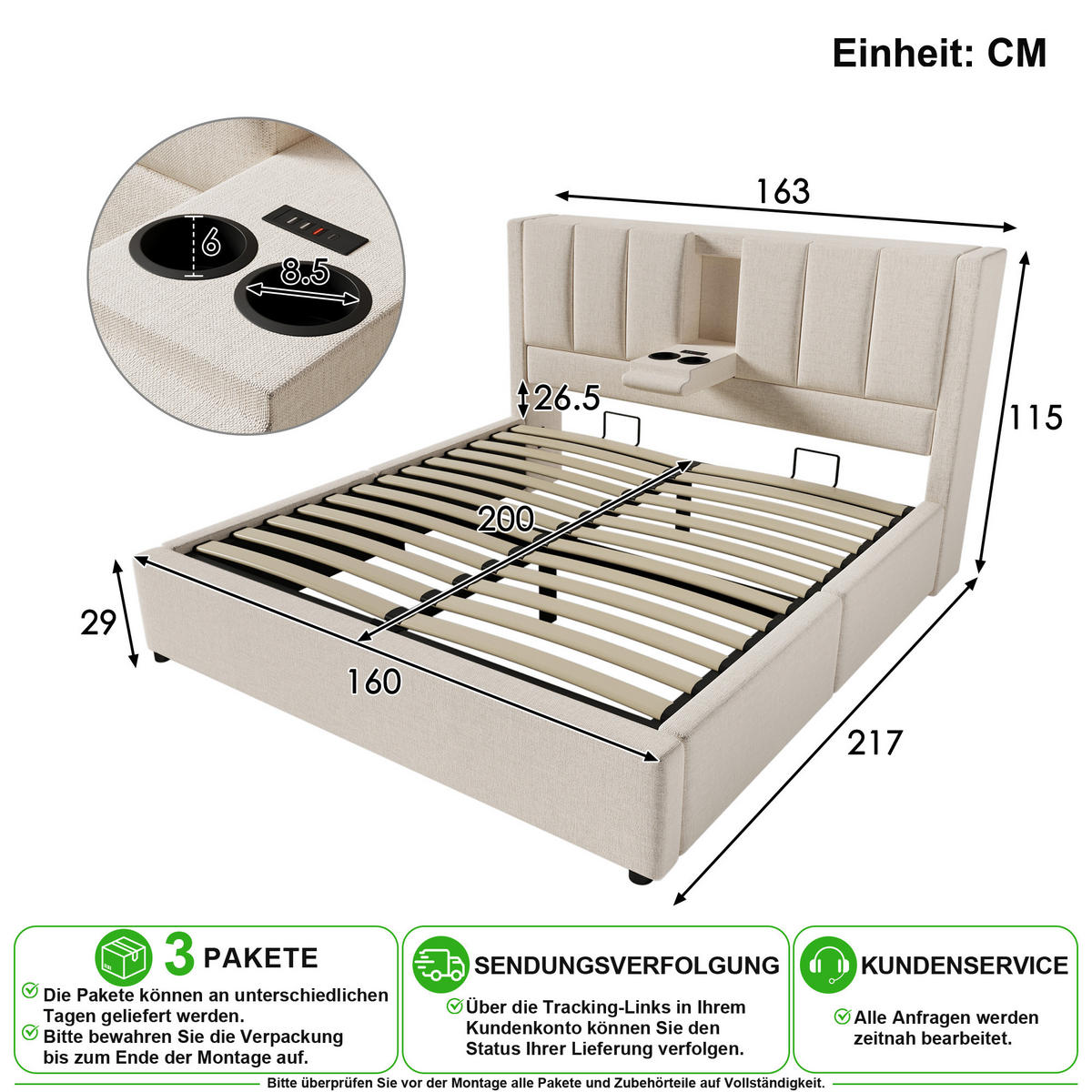 POLSTERBETT 160/200 cm in Beige Leinen mit Stauraum, USB, Becherhalter und Matratze - Beige, Holzwerkstoff/Textil (160/200cm) - CHICFURN