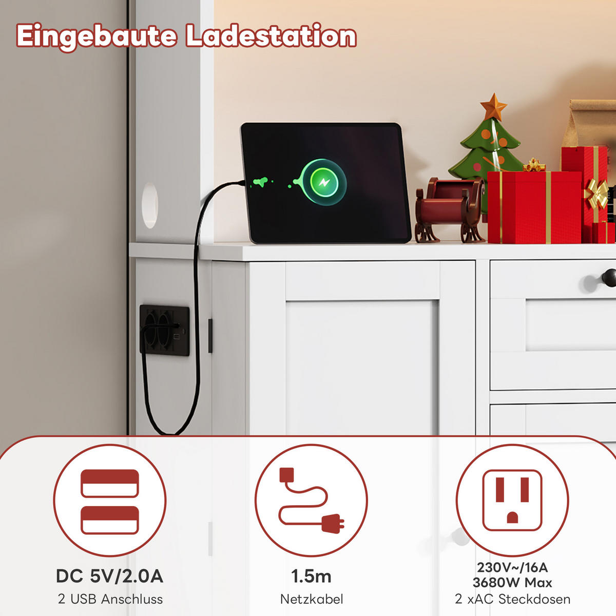 BUFFET 105/40/180 cm Weiß mit farbwechselnder LED-Beleuchtung und 1 Schublade - Weiß, Holz (105/180/40cm) - Oxeza