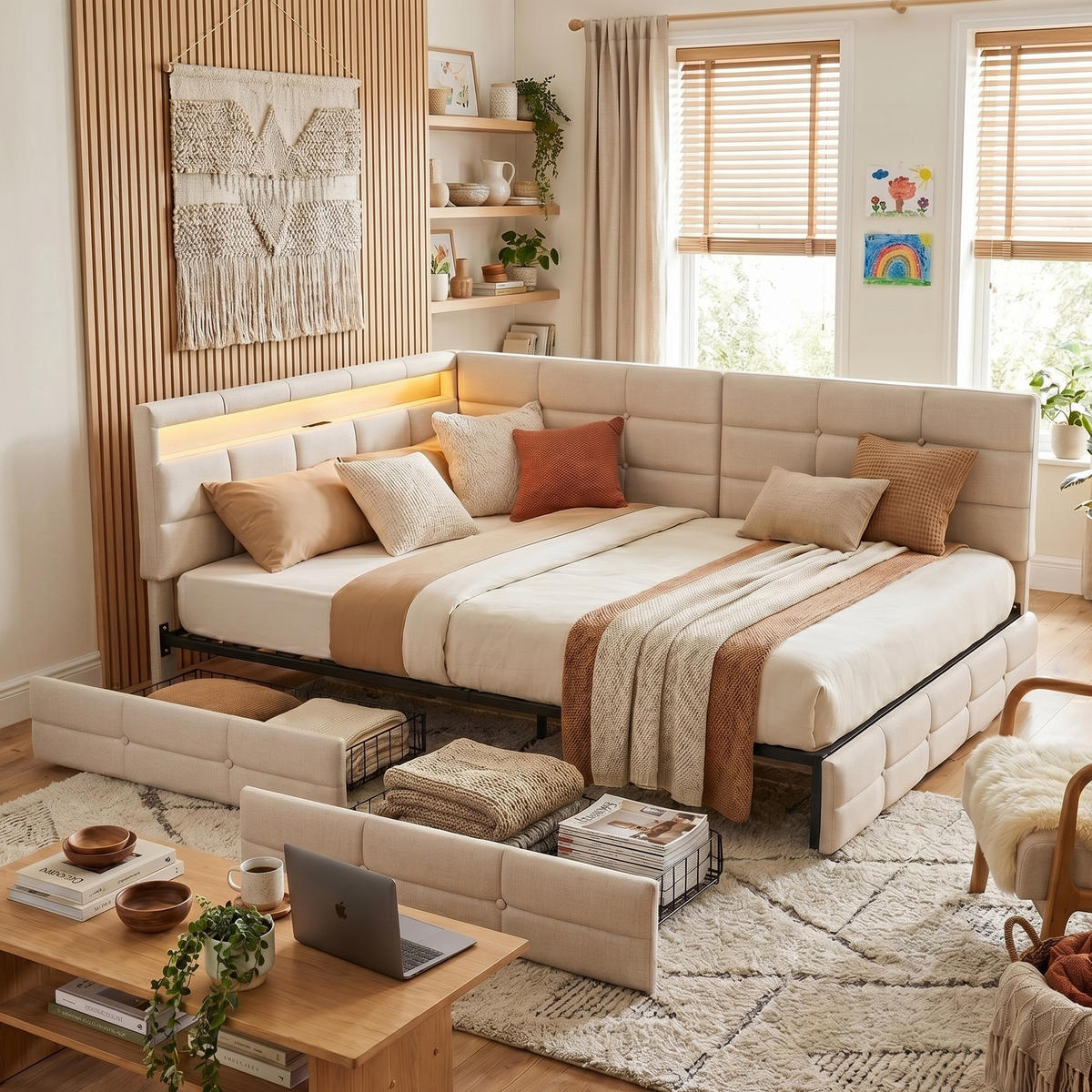 POLSTERBETT Reversibel 140/200 cm mit 2 Schubladen & RGB-LED Leinenoptik Beige - Beige, Textil (140/200cm) - Creahappy