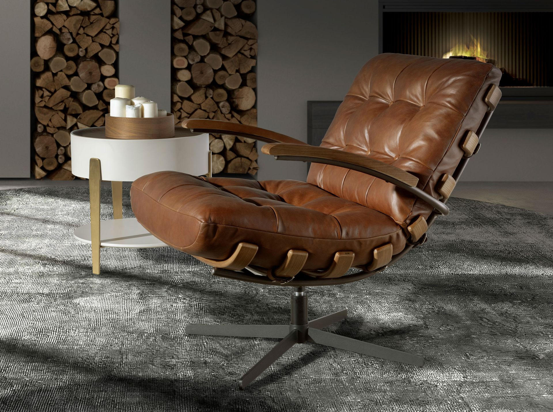 DREHSESSEL Dunkelbraun Schwarz 70/91/85 cm - Braun, Leder/Metall (70/85/91cm) - ANGEL CERDA