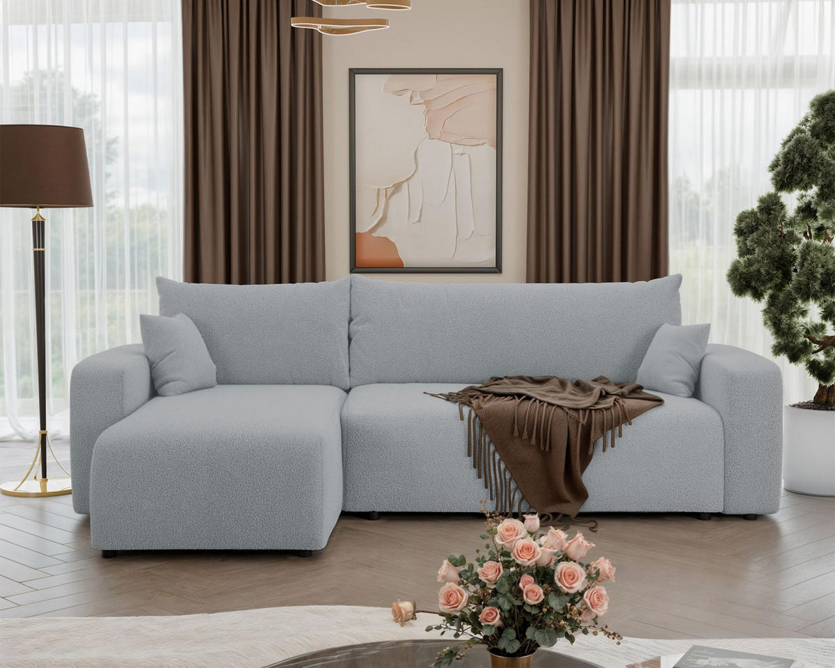 ECKSOFA Pianoni Hellgrau Bouclé-Bezug - Hellgrau/Schwarz, Kunststoff/Textil (244/140cm) - Selsey