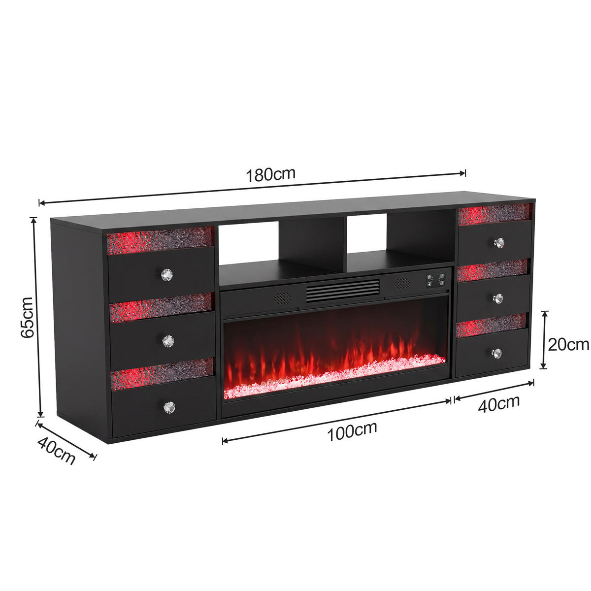 TV-SCHRANK mit Elektrokamin Beleuchtung RGB Lowboard 6 Schubladen Schwarz 180/40/65CM - Schwarz, Metall (180/65/40cm) - VANITII