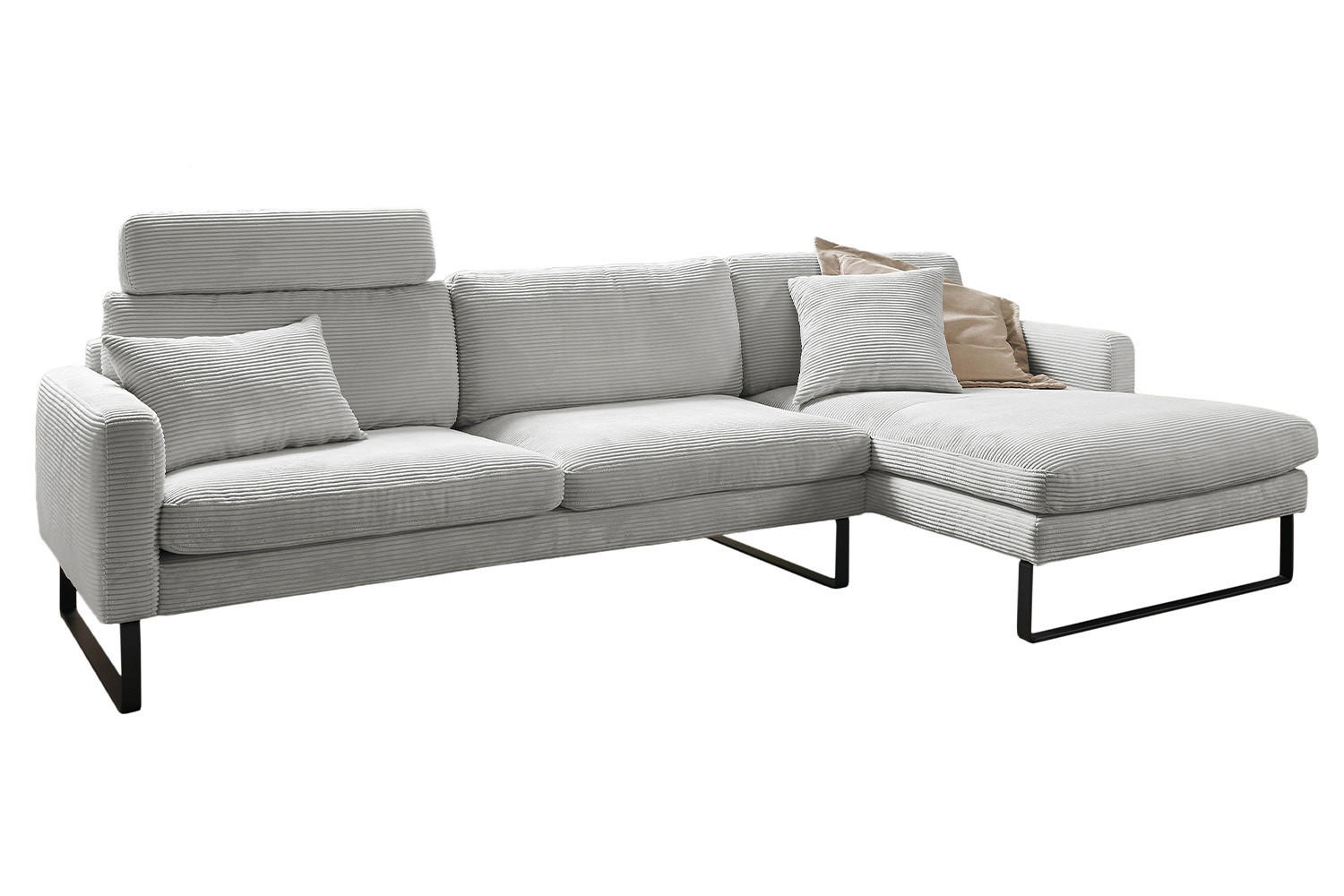ECKSOFA RICARDA Hellgrau Cord - Hellgrau/Schwarz, Textil/Metall (298/154cm) - KAWOLA