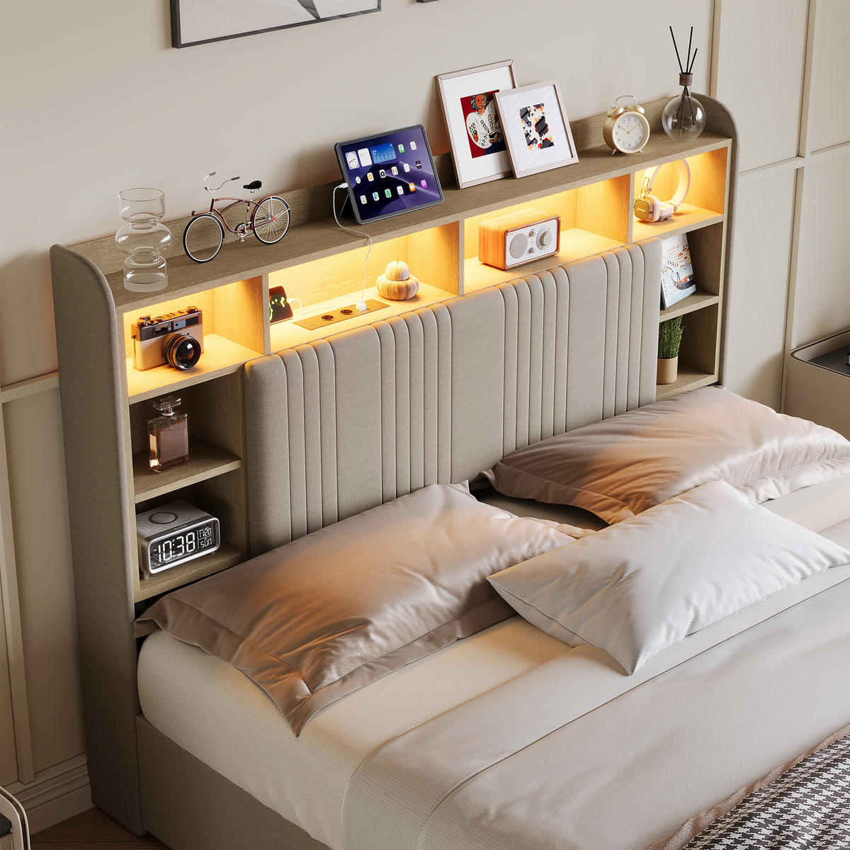 POLSTERBETT 160x200 cm LED USB 4 Schubladen Stauraum Kopfteil Leinen beige - Beige, Holz (160/200cm) - LEBENLANG