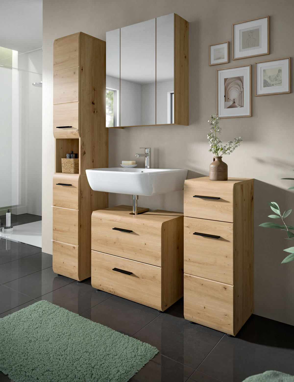 BADMÖBEL-SET 4-teilig in Artisan Eiche, 150 x 185 cm Badkombination, Cover - Schwarz/Eiche Artisan, Glas/Holzwerkstoff (150/185/30cm) - Inn.Furn