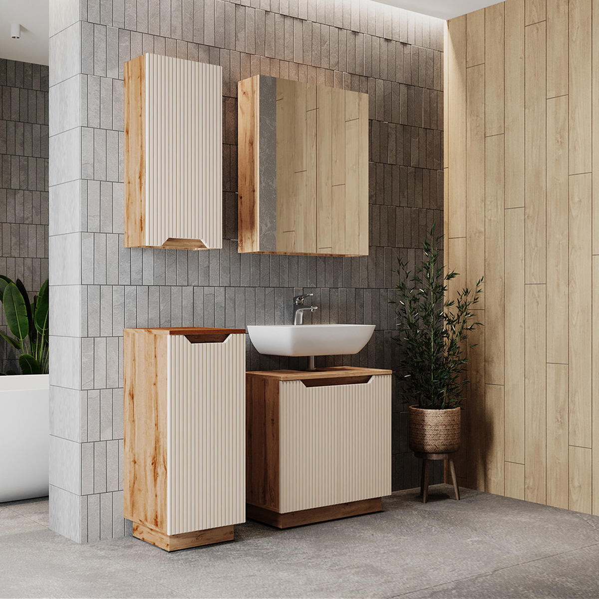 BADMÖBEL-SET Lotta Eiche/Kaschmir gestreift 4 Teile - Kaschmir, Holzwerkstoff (59.8/62.1/32cm) - Vicco