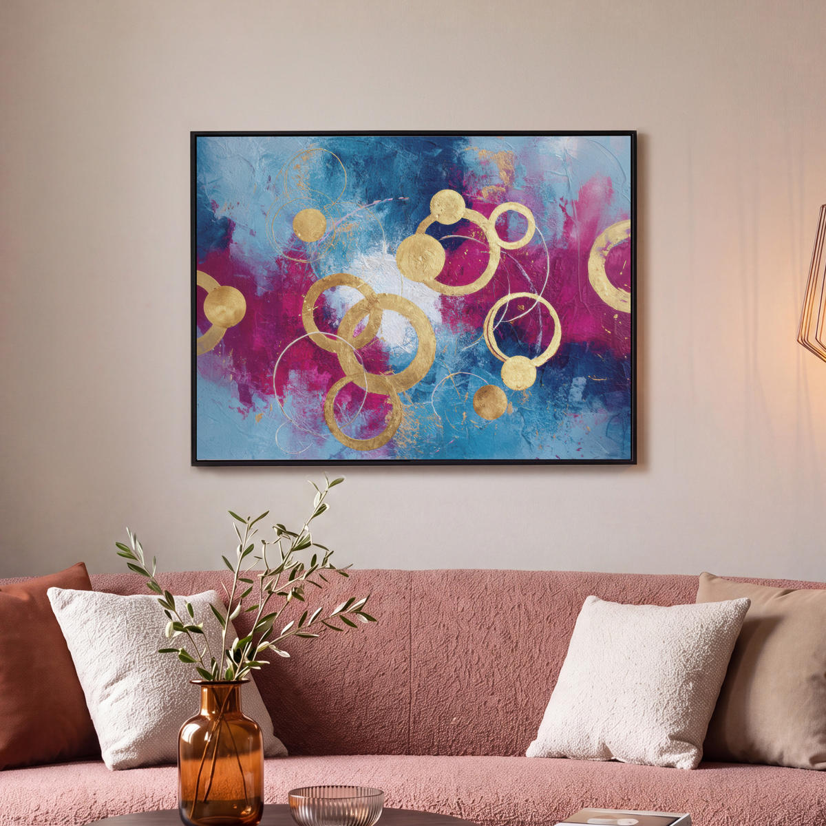 LEINWAND Bilder mit Rahmen - Kreise - Gold - Abstrakt - 80x60 - Blau, Textil (80/60cm) - MuchoWow
