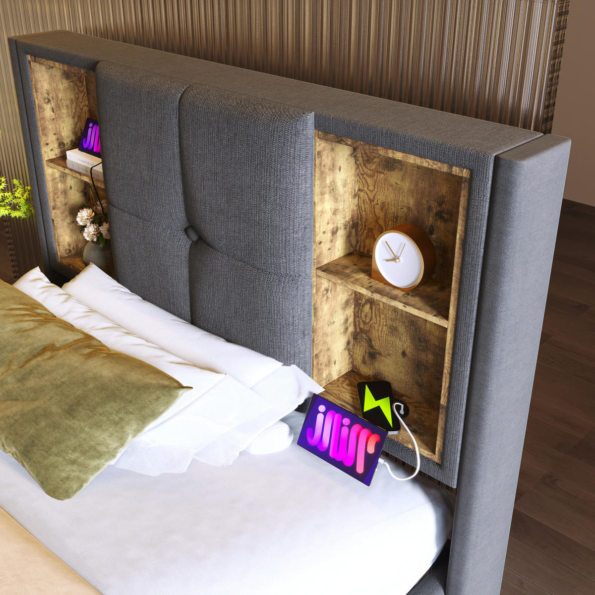 POLSTERBETT 90/200 cm mit kabellosem Laden, USB-C, Bettkasten und Matratze aus Baumwolle, Grau - Grau, Textil (90/200cm) - Redom
