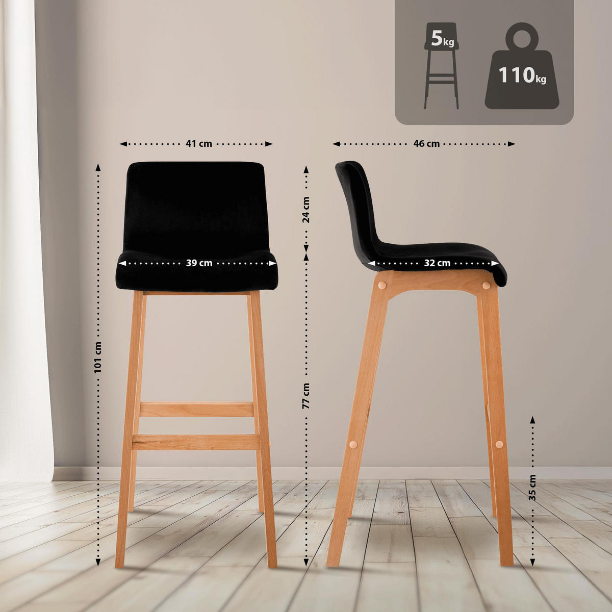 BARHOCKER Samt Schwarz - Eukalyptusholzfarben/Schwarz, Holz/Textil (41/101/46cm) - CLP