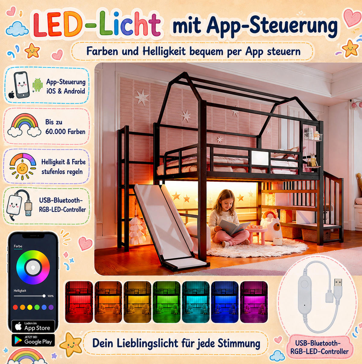 KINDERHOCHBETT MDF & Metall 140x200 cm Schwarz mit Rutsche, Treppe, Stauraumfächern und LED-Beleuchtung - Schwarz, Holzwerkstoff (140/200cm) - Modfu
