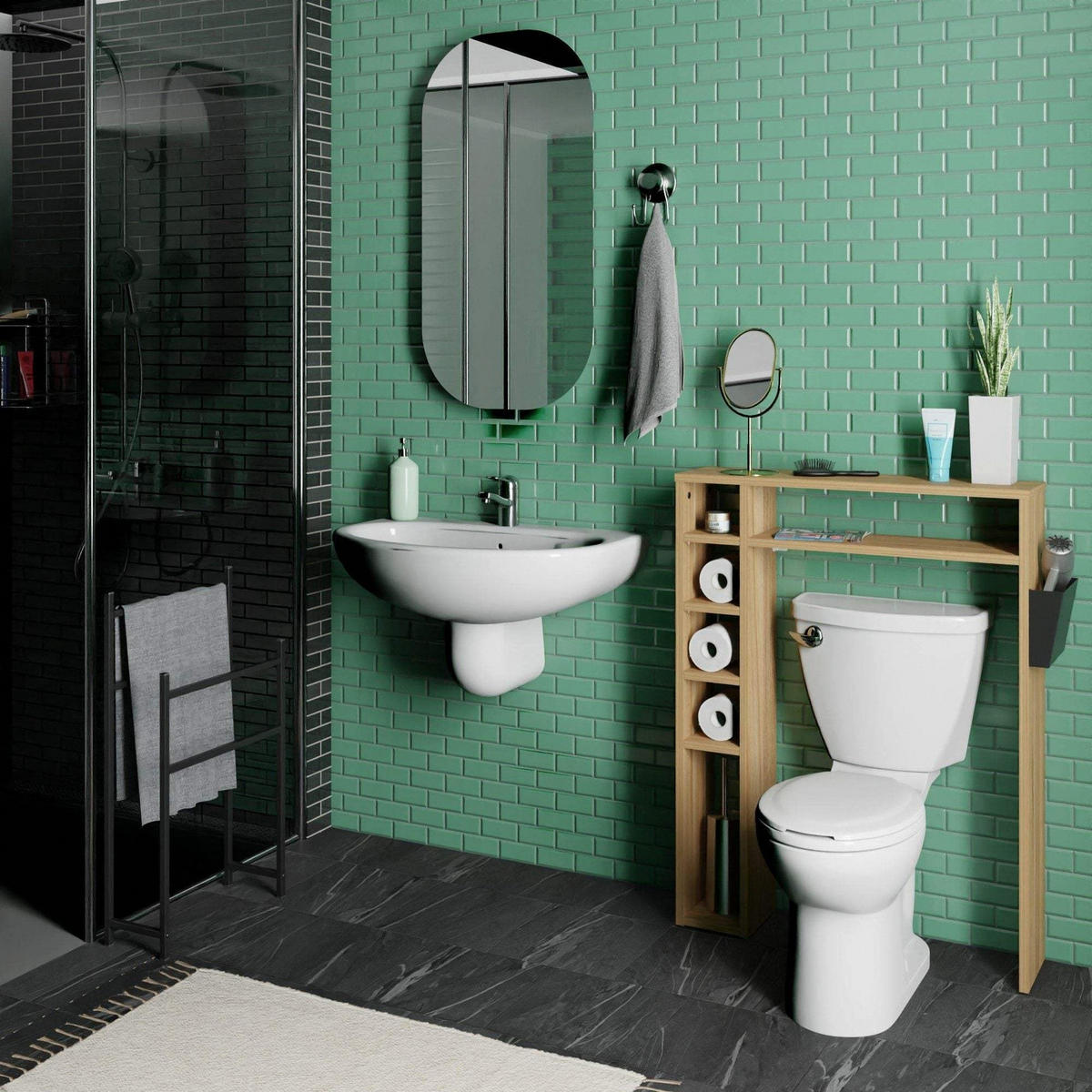 BADEZIMMERREGAL Helmer 80 x 21 x 106 cm – Walnuss Troia/Schwarz – Levira - Walnussfarben/Schwarz, Holz (80/106/21cm)