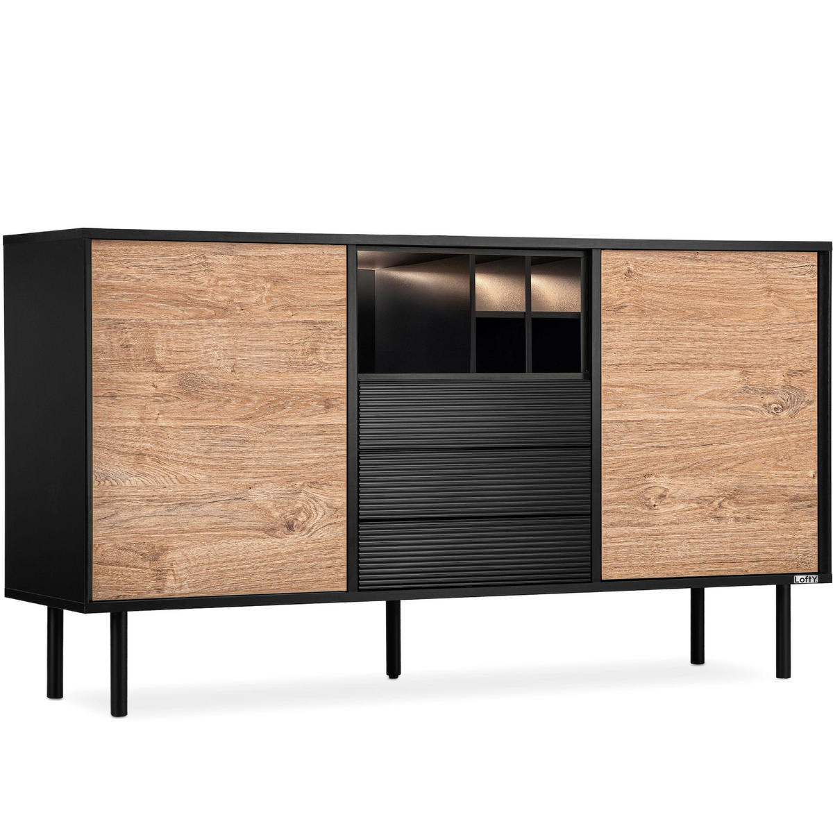 KOMMODE LOFTY Weineinlage, schwarz / Eiche natur - Eichefarben/Schwarz, Holzwerkstoff (151/84/41cm) - KONSIMO®