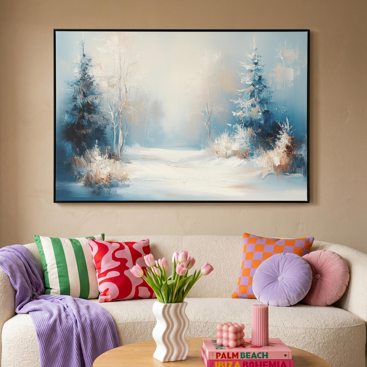 LEINWAND Bilder mit Rahmen - Wald – Winter – Natur – Abstrakt – Schnee - 120x80 - Weiß, Textil (120/80cm) - MuchoWow