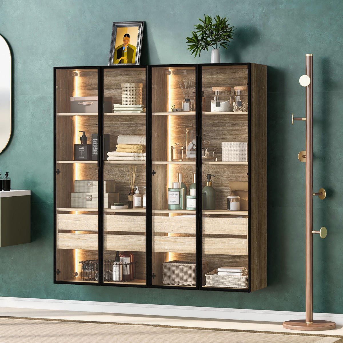 VITRINE in Naturfarbe mit Lichtleiste und Schubladen für Wohnzimmer und Badezimmer, B148/T36/H155 cm - Transparent/Naturfarben, Glas/Holzwerkstoff (74/155/36cm) - STILVORA