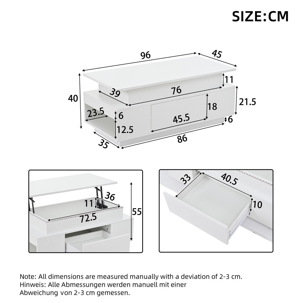 KONFERENČNÍ stolek z dřevotřísky 96x45x40 cm bílý s výklopnou deskou, LED osvětlením a úložným prostorem - bílá, kompozitní dřevo (96/45/40cm) - Modfu