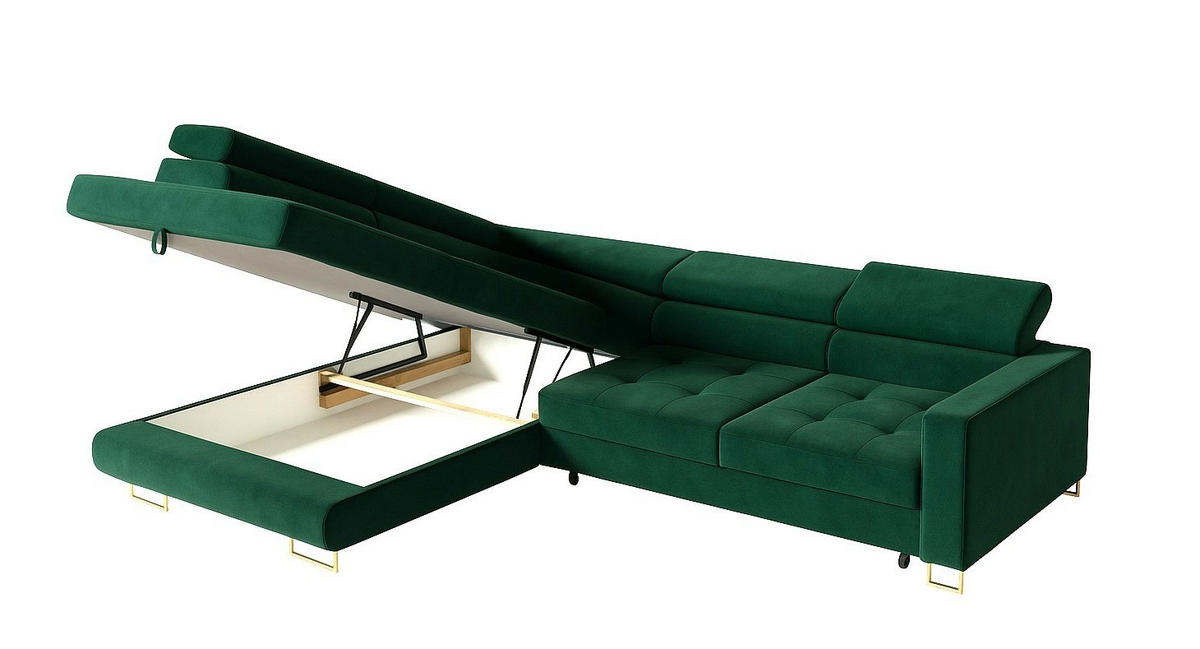 ECKSOFA Gold MERY Mit Verstellbaren Kopfstützen Links Ausziehbar - Grün, Textil (250/200cm) - Sepro Meble