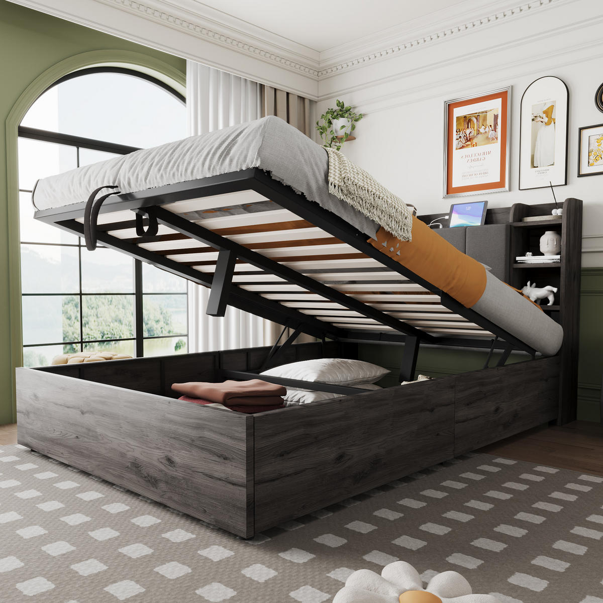 POLSTERBETT 140/200 cm Grau mit Stauraum, Ausgestattet mit USB und Tape-C-Steckdose - Grau, Holz (140/200cm) - Oxeza
