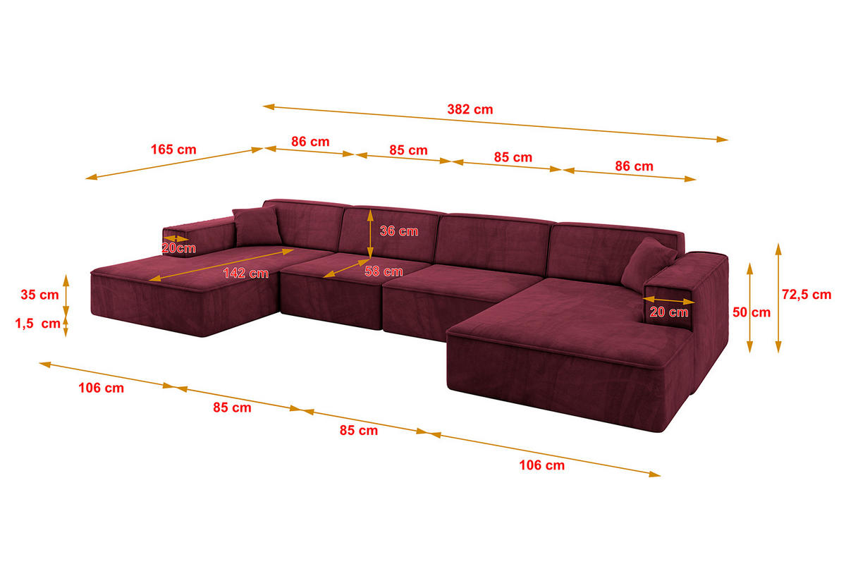 WOHNLANDSCHAFT IREA-U2-v4 - 382x165x72,5 cm Bordeauxrot - Bordeaux, Holzwerkstoff/Textil (382/72/165cm) - ALTDECOR
