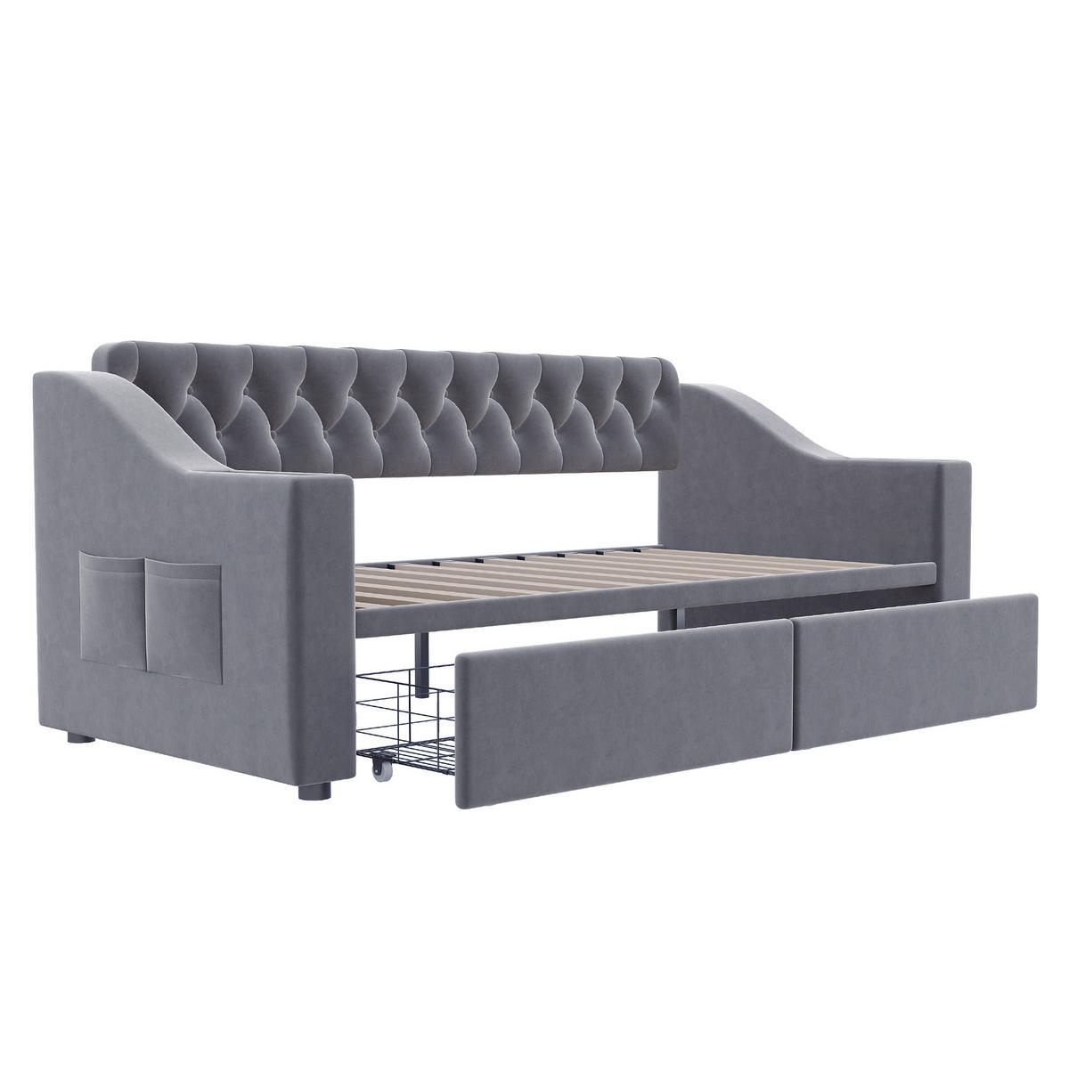 SCHLAFSOFA aus Samt 90x190 cm Grau mit Schubladen, Stauraum und Ladeanschlüssen - Grau, Textil (90/190cm) - IVMEU