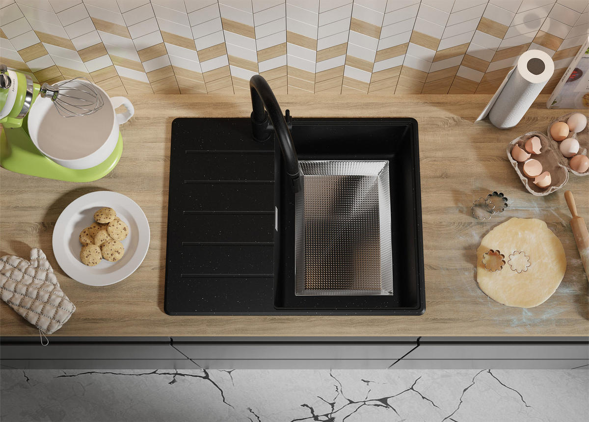 SPÜLBECKEN Kopenhagen, 2-er set Schwarz Metallic 62/50 cm 1 Becken + Ablauf-Set + Schneidebrett ab 45er Unterschrank - Chromfarben/Schwarz Hochglanz, Kunststoff (62/20/50cm) - Primagran