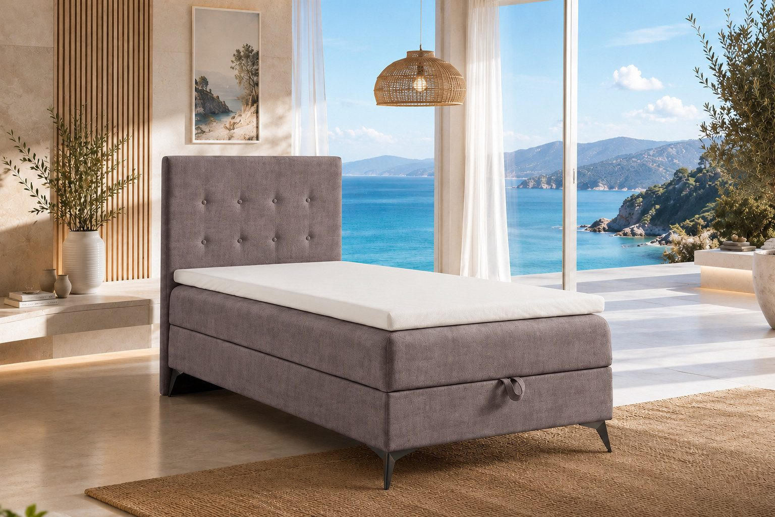BOXBETT K15 Single SLIM mit Bettkasten & Bonell-Federkern inkl. Topper - Taupe, Holz/Textil (200/90cm) - Best For Home