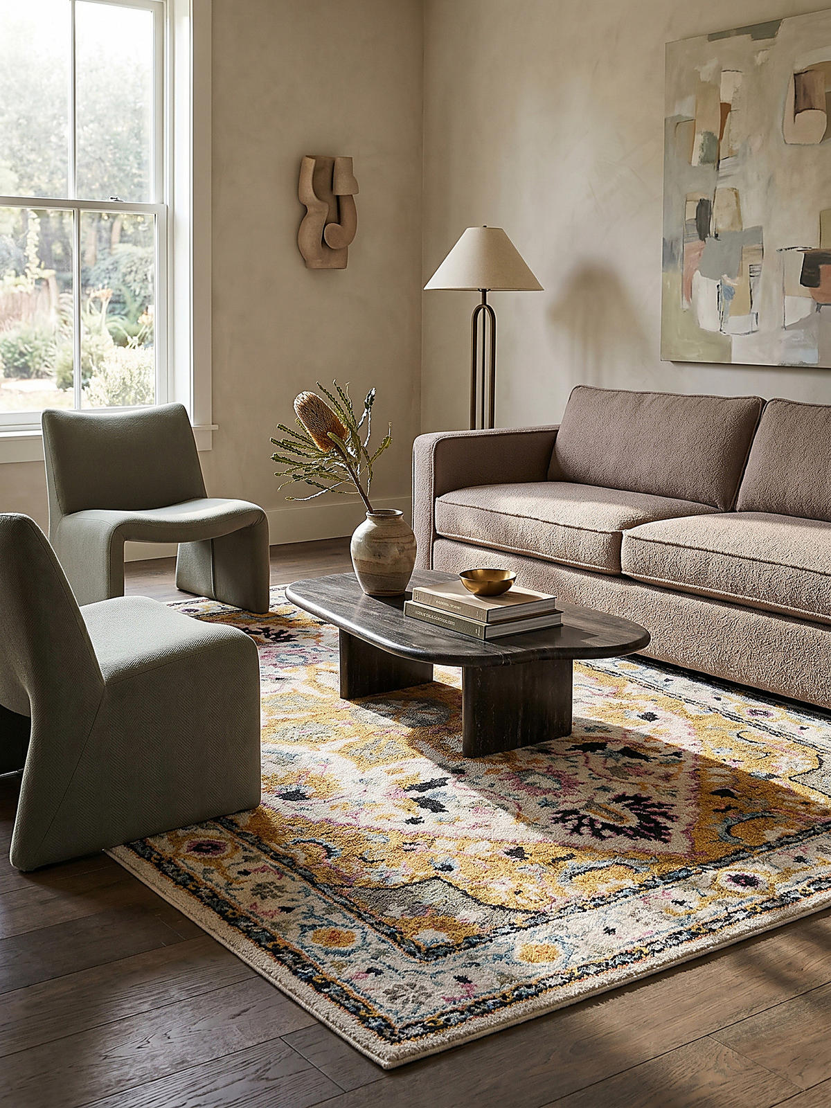 WOLLTEPPICH SOAR, klassisch-floral, Gelb-Grau, 200 x 290 cm - Gelb, Textil (290/200cm) - KADIMA DESIGN