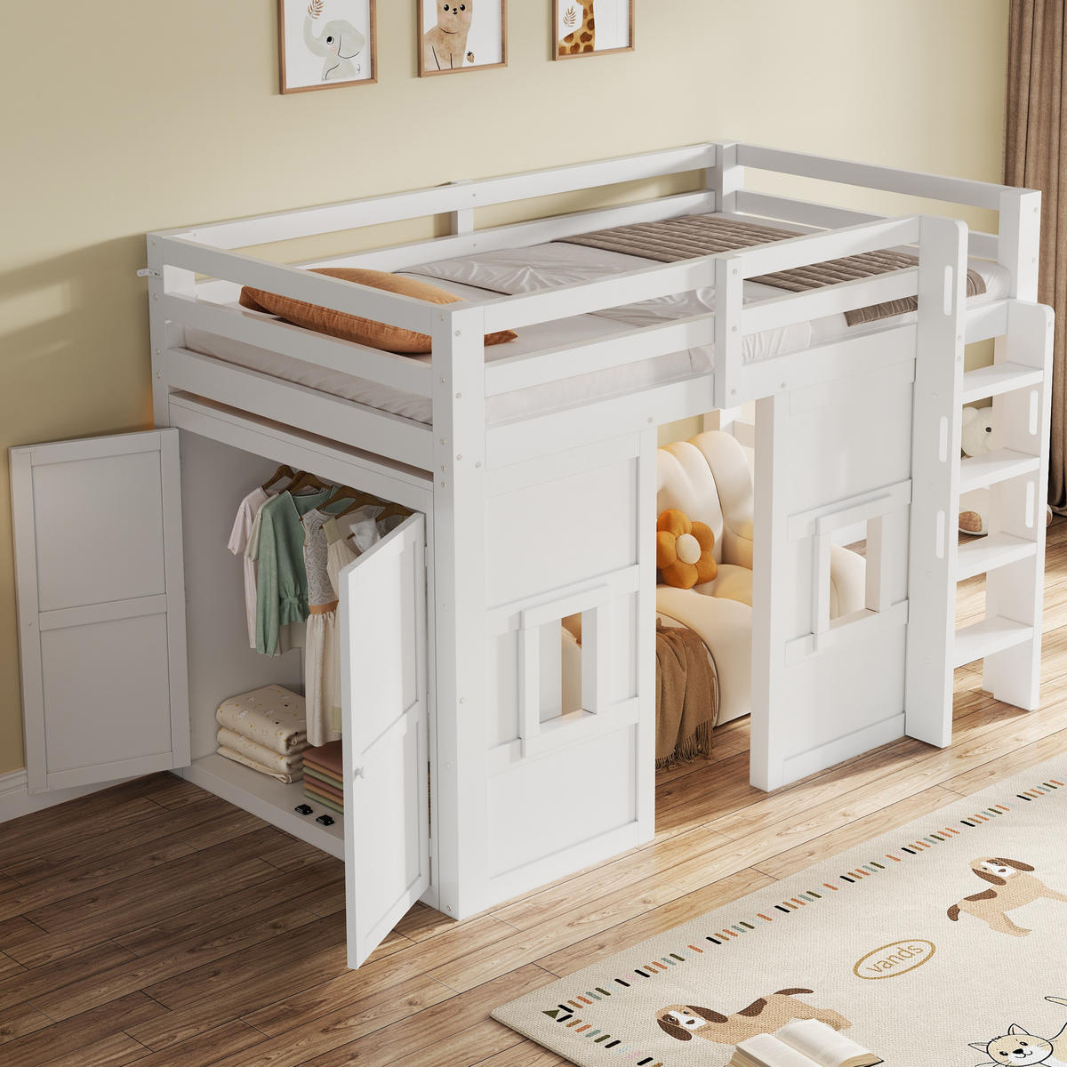 HOCHBETT 90/200 cm in Weiß mit Kleiderschrank, LED und 2 Fenstern - Weiß, Holzwerkstoff (90/200cm) - STILVORA