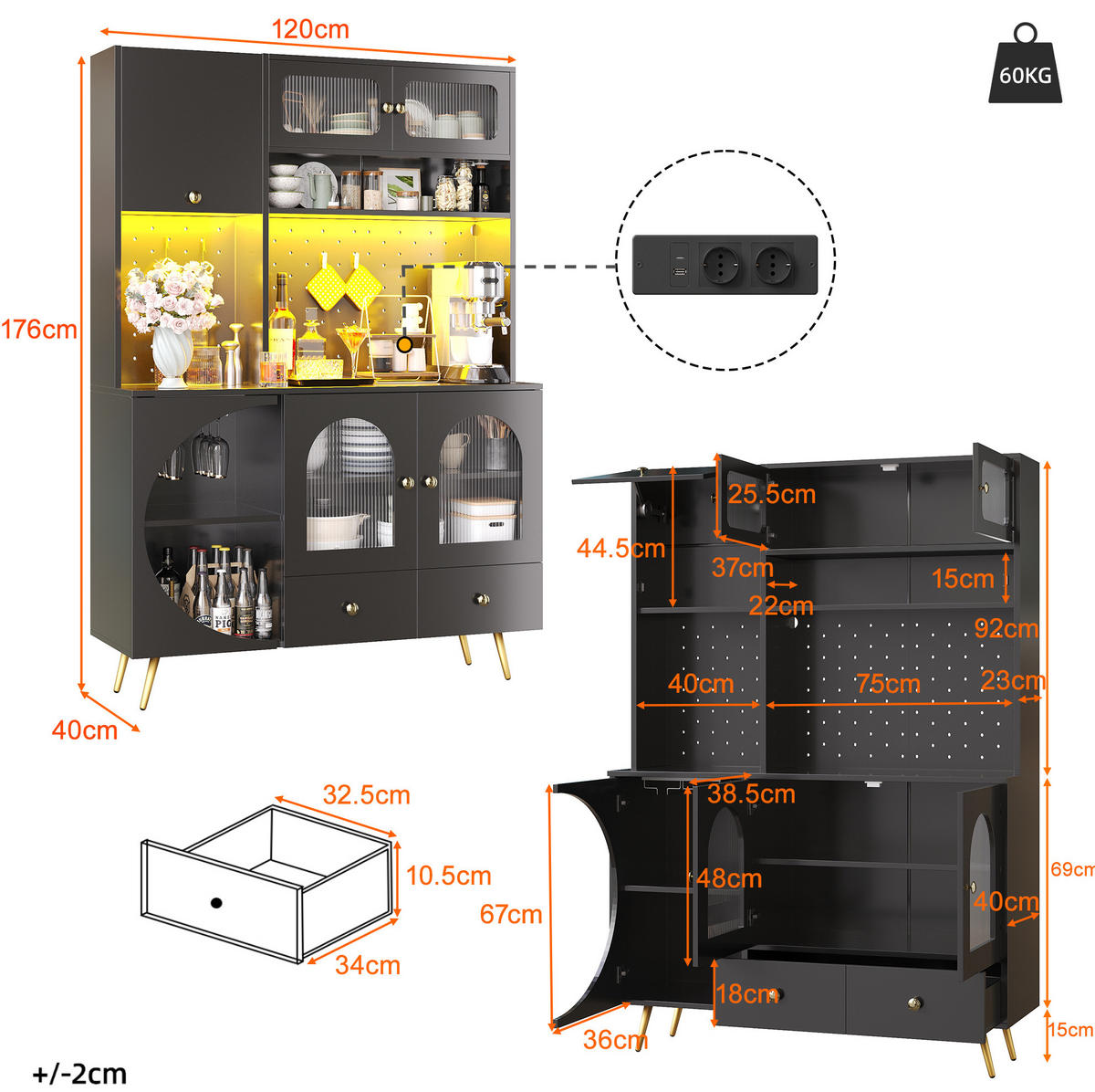 KUHINJSKI element za posuđe 120/40/176 cm crni, MDF/staklo, s LED rasvjetom i utičnicama - crna, drvni materijal (120/176/40cm) - BEAOK