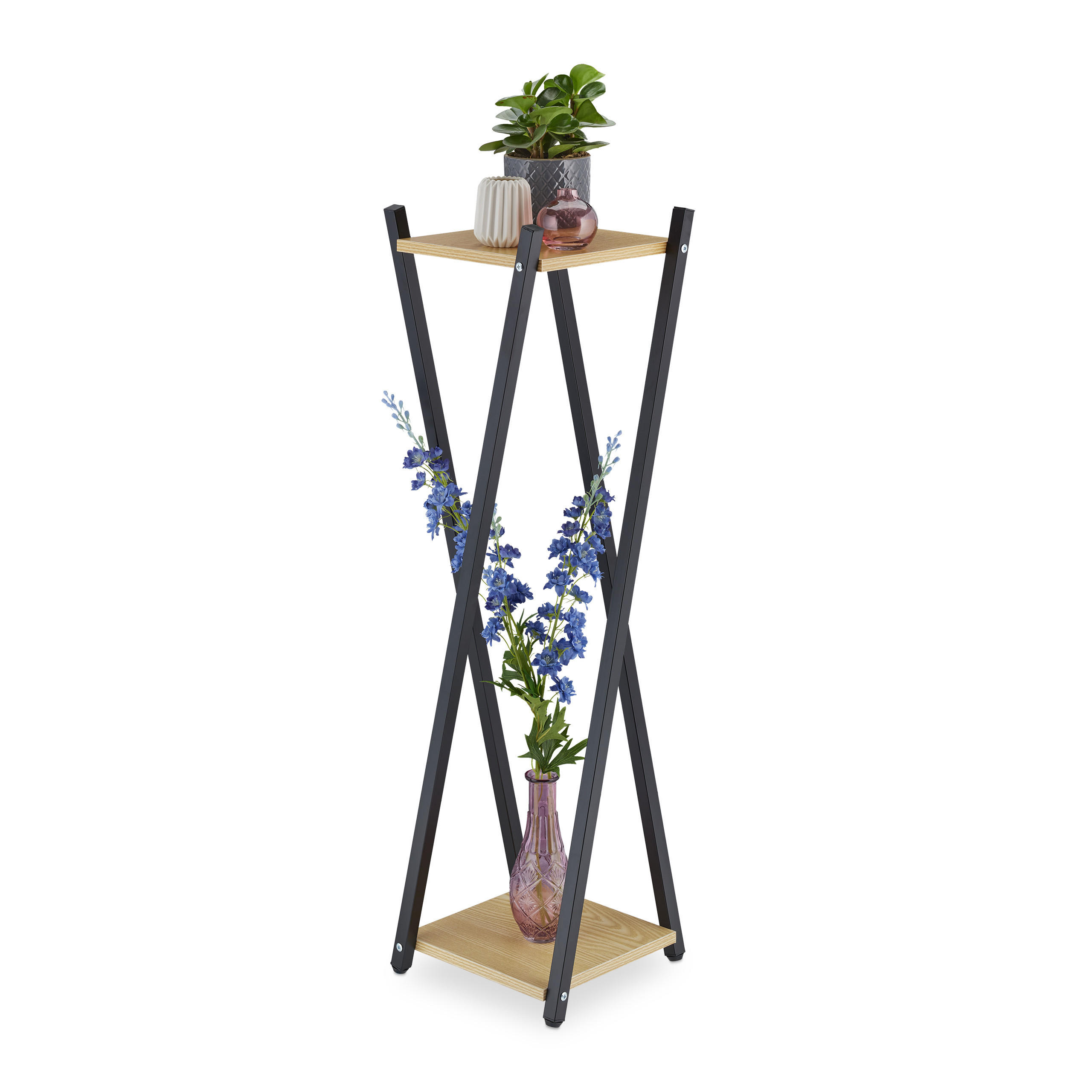 BLUMENSTÄNDER - Beige/Schwarz, Holzwerkstoff/Metall (29/29/99cm) - Relaxdays
