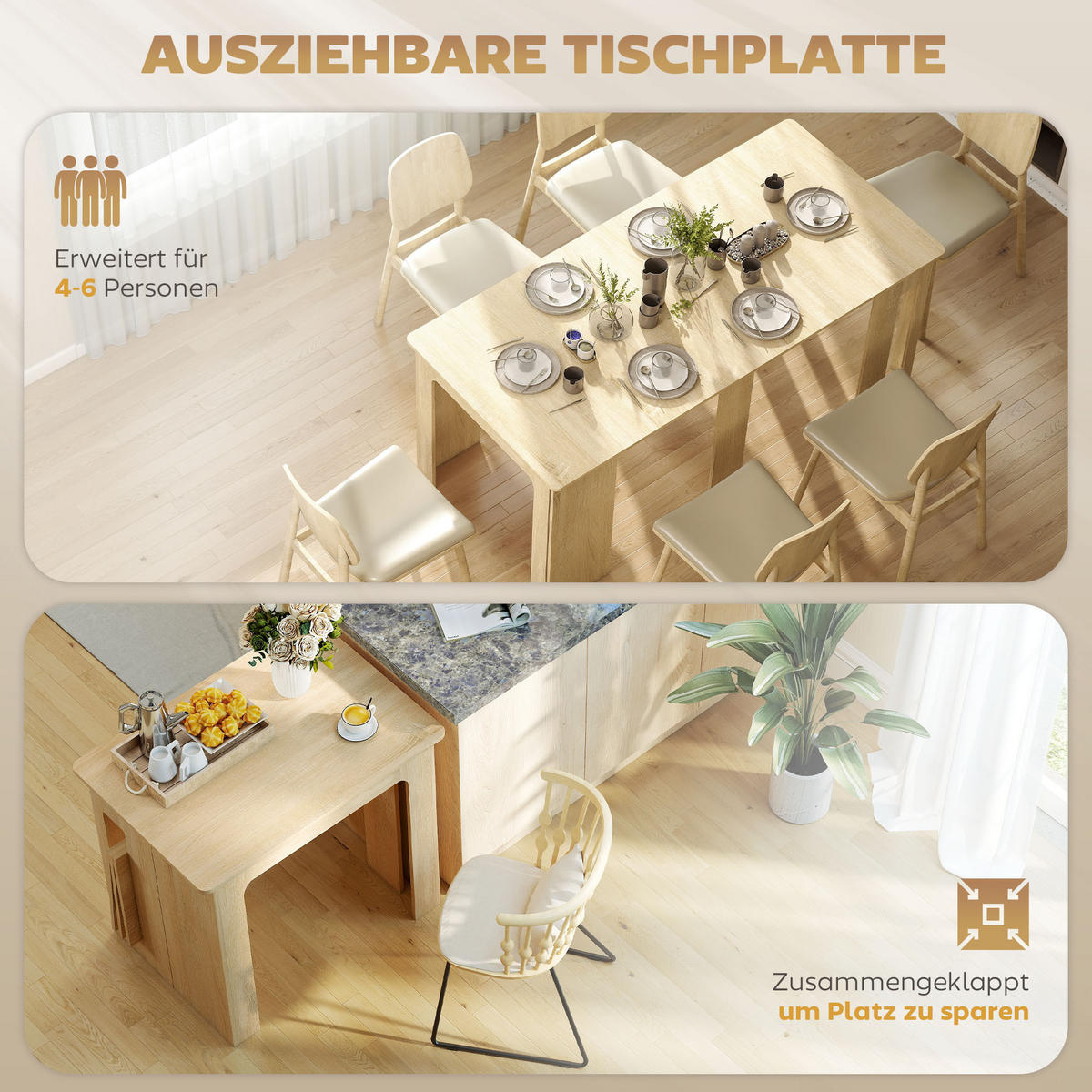 ESSTISCH Ausziehbar Küchentisch Esszimmertisch für bis 6 Personen 60-180x85 cm - Weiß/Naturfarben, Holzwerkstoff (180/85/75cm) - HOMCOM