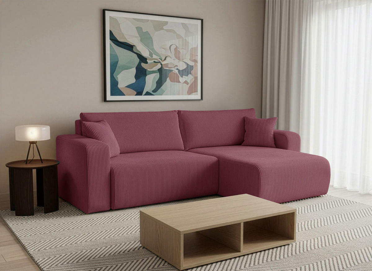 ECKSOFA mit Schlaffunktion Nellio L-Form universal mit Bettkasten Lachsfarben Cord - Koralle/Schwarz, Kunststoff/Textil (245/145cm) - Homebook