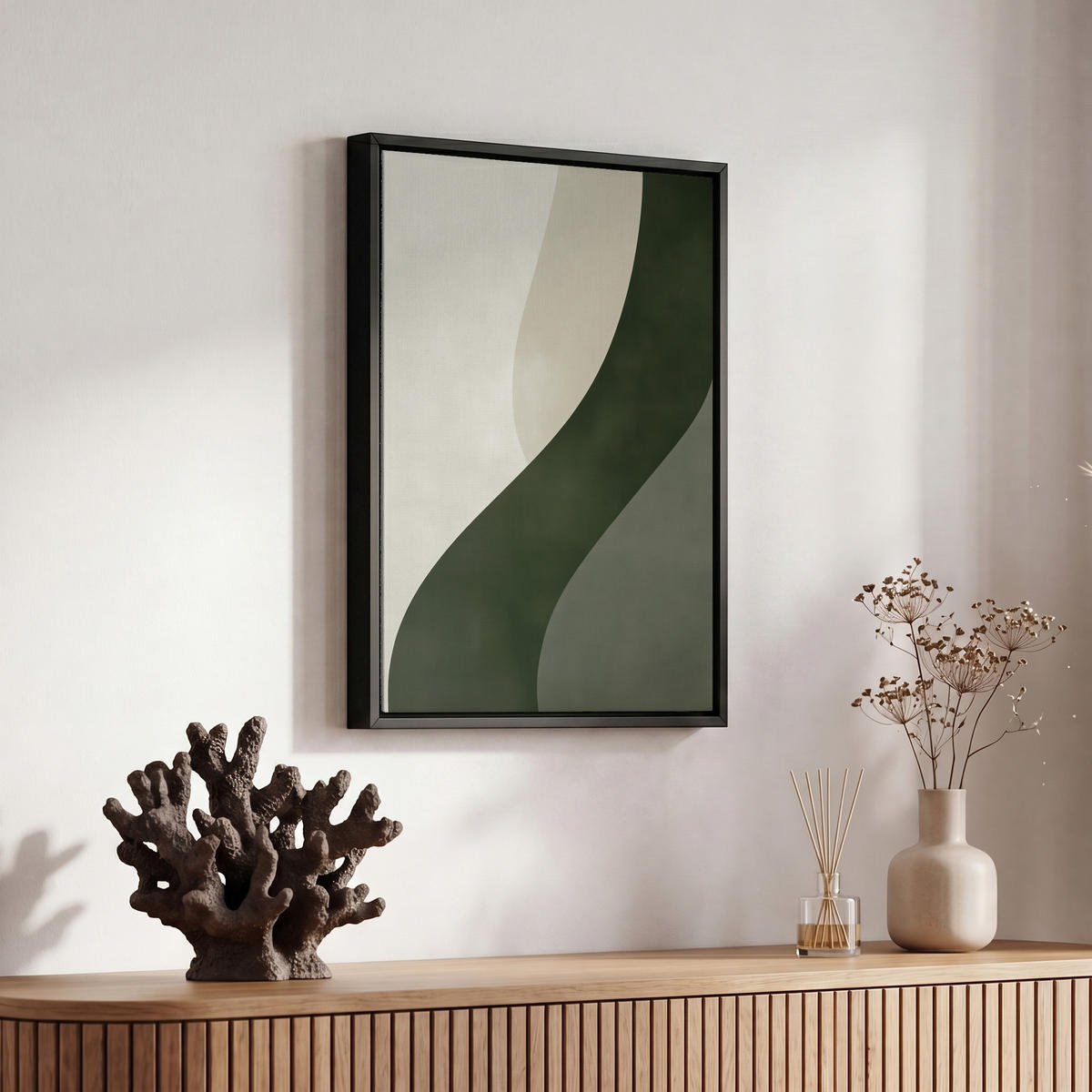 LEINWAND Bilder mit Rahmen - Japandi - Grün - Abstrakt - Modern - 20x30 - Salbeigrün, Textil (20/30cm) - MuchoWow