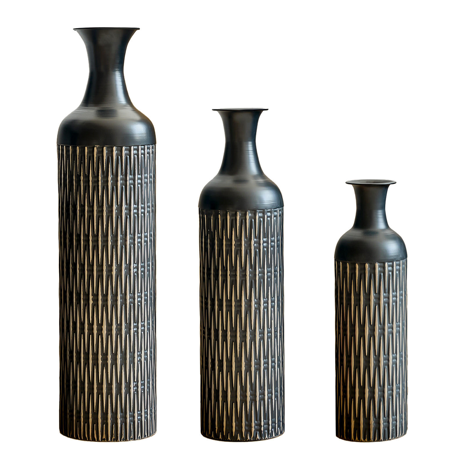 BODENVASE mit Rillenmuster, Metallvase 3tlg., Schwarz - Schwarz, Metall (83cm) - LVHOM
