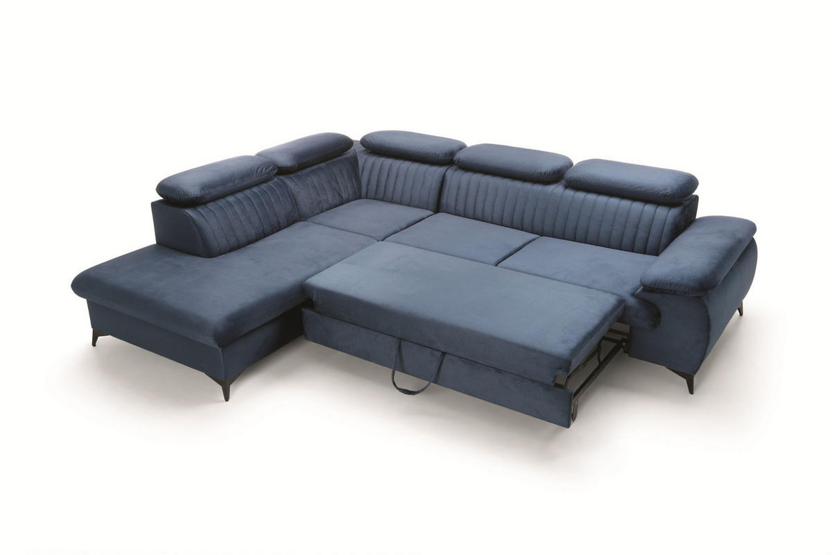 ECKSOFA FIORE Blau Velours-Stoff mit Schlaffunktion - Blau, Holz (275/221cm) - MASSENO